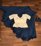 Designer Chinnon Umbrella Blue  Lehenga with Puff Sleeve Chikankari Peplum Blouse – Full Stitched (Adjustable Size 38"–44") | 8.5 Mtr Flair