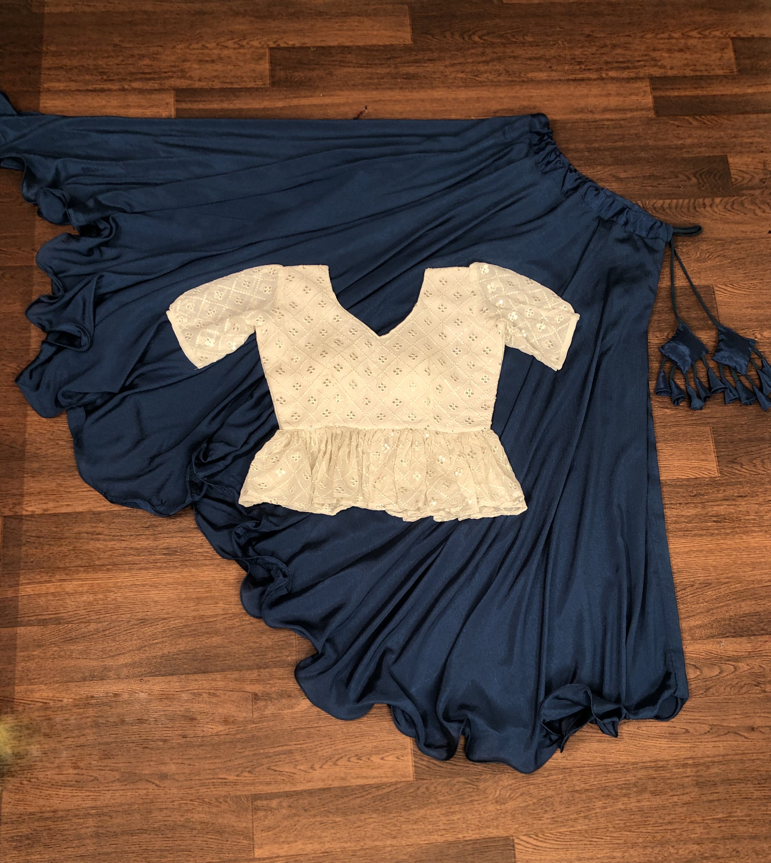 Designer Chinnon Umbrella Blue  Lehenga with Puff Sleeve Chikankari Peplum Blouse – Full Stitched (Adjustable Size 38"–44") | 8.5 Mtr Flair