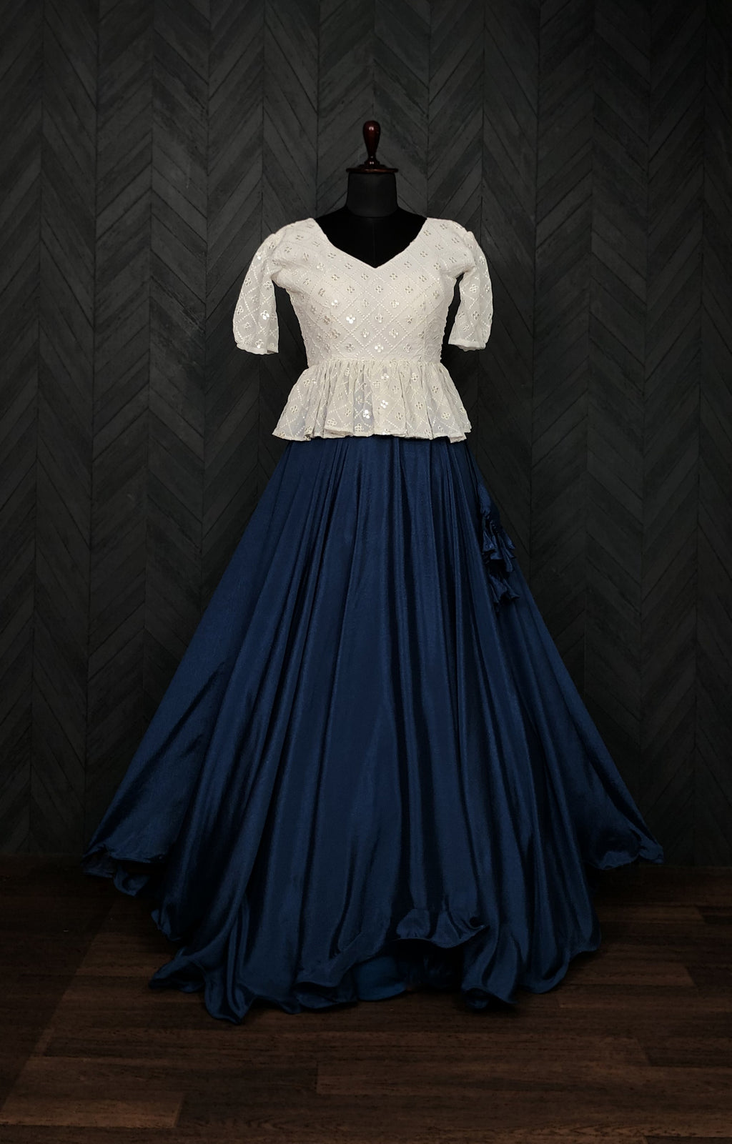 Designer Chinnon Umbrella Blue  Lehenga with Puff Sleeve Chikankari Peplum Blouse – Full Stitched (Adjustable Size 38"–44") | 8.5 Mtr Flair
