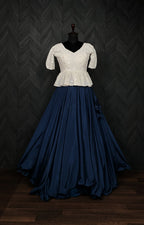 Designer Chinnon Umbrella Blue  Lehenga with Puff Sleeve Chikankari Peplum Blouse – Full Stitched (Adjustable Size 38"–44") | 8.5 Mtr Flair