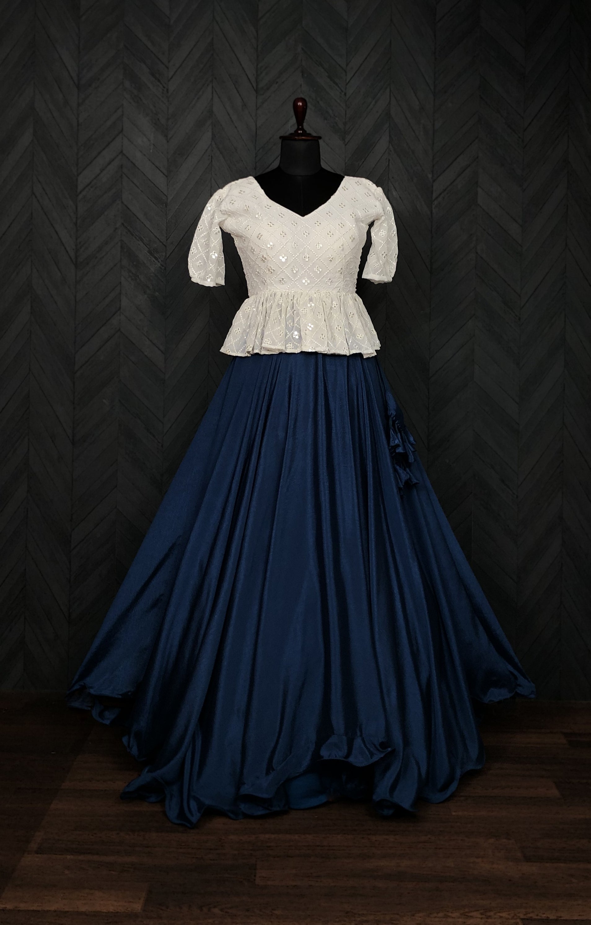 Designer Chinnon Umbrella Blue  Lehenga with Puff Sleeve Chikankari Peplum Blouse – Full Stitched (Adjustable Size 38"–44") | 8.5 Mtr Flair