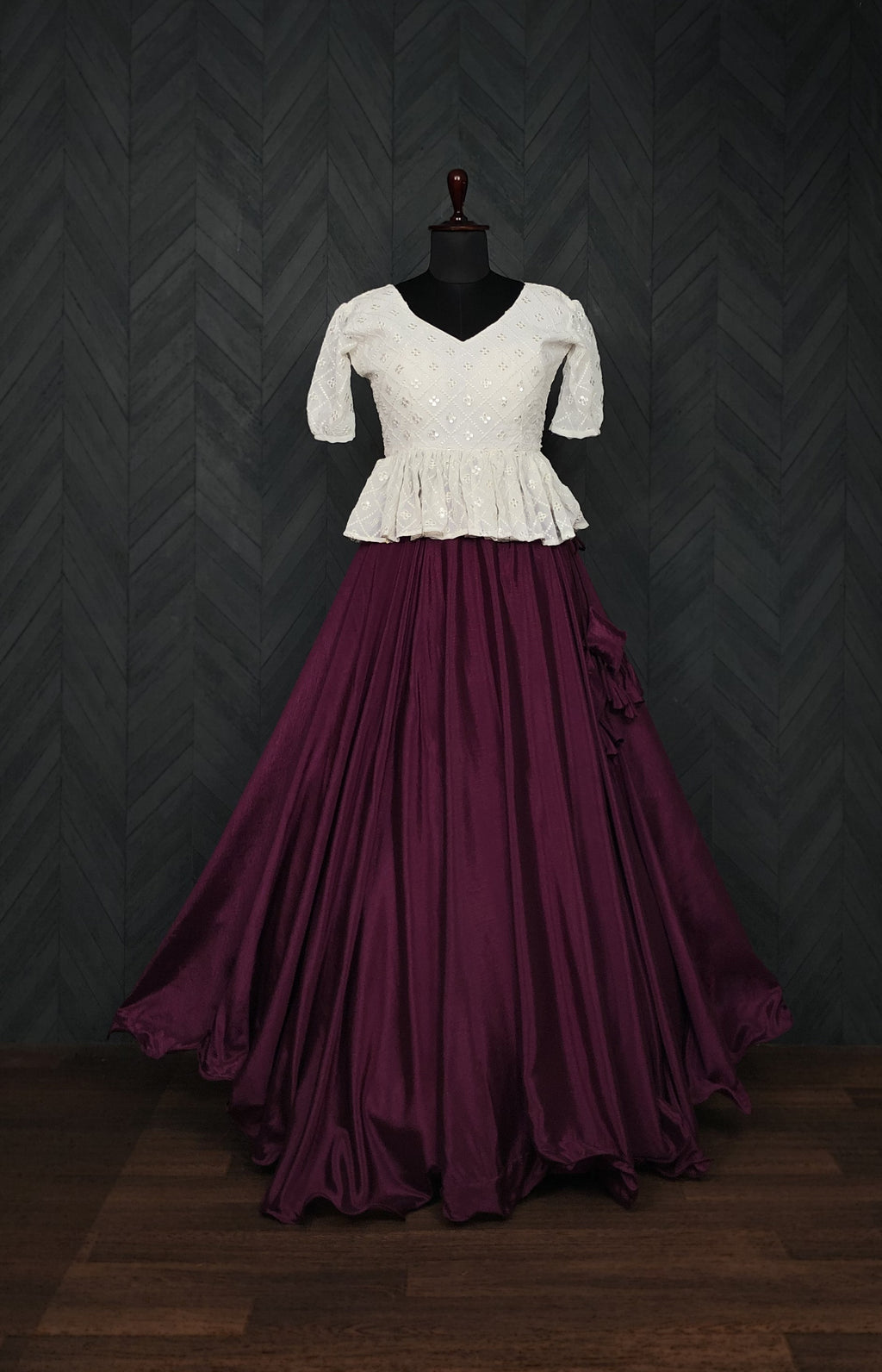 Designer Chinnon Umbrella Wine Lehenga with Puff Sleeve Chikankari Peplum Blouse – Full Stitched (Adjustable Size 38"–44") | 8.5 Mtr Flair