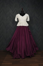 Designer Chinnon Umbrella Wine Lehenga with Puff Sleeve Chikankari Peplum Blouse – Full Stitched (Adjustable Size 38"–44") | 8.5 Mtr Flair