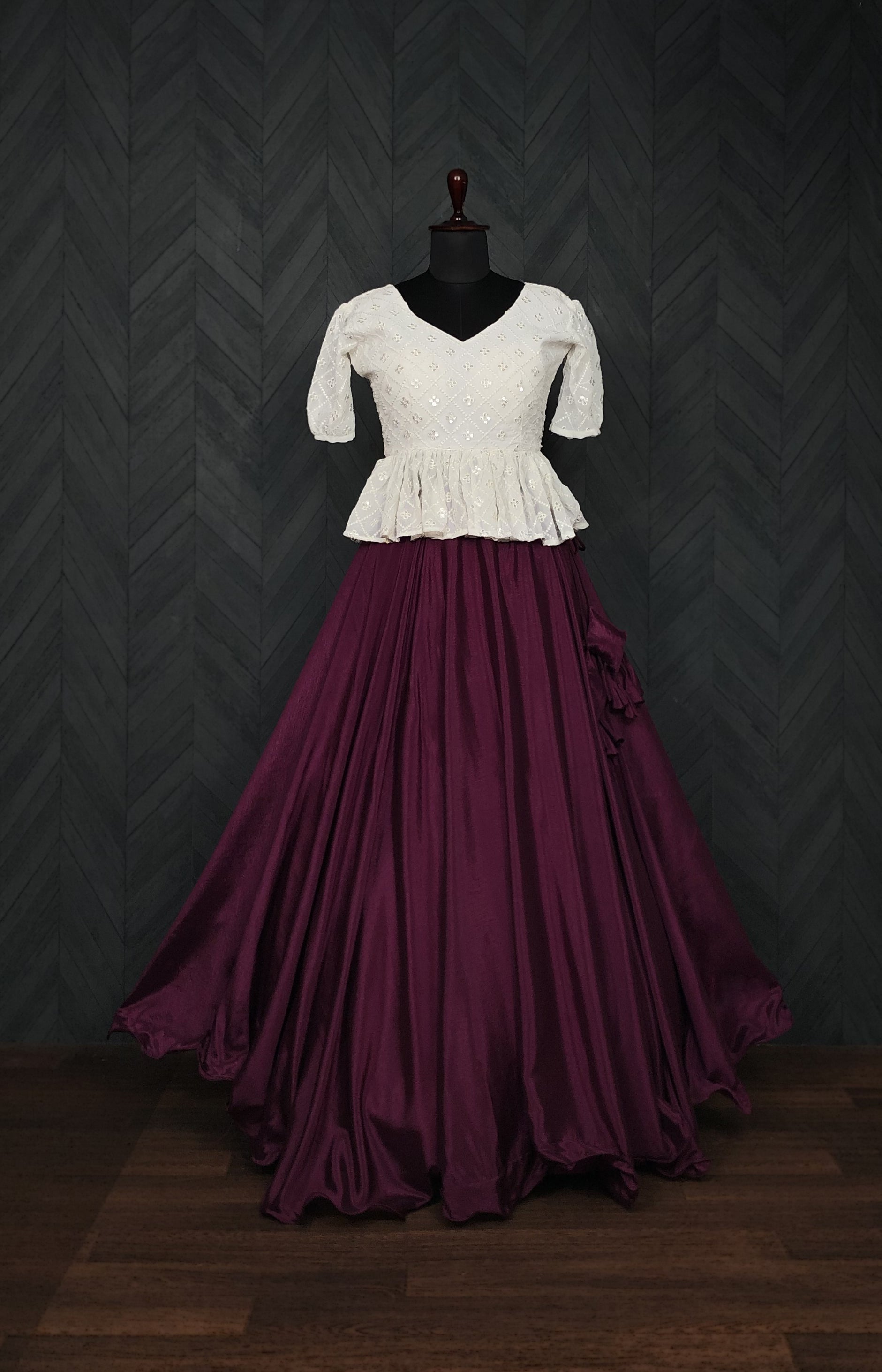 Designer Chinnon Umbrella Wine Lehenga with Puff Sleeve Chikankari Peplum Blouse – Full Stitched (Adjustable Size 38"–44") | 8.5 Mtr Flair