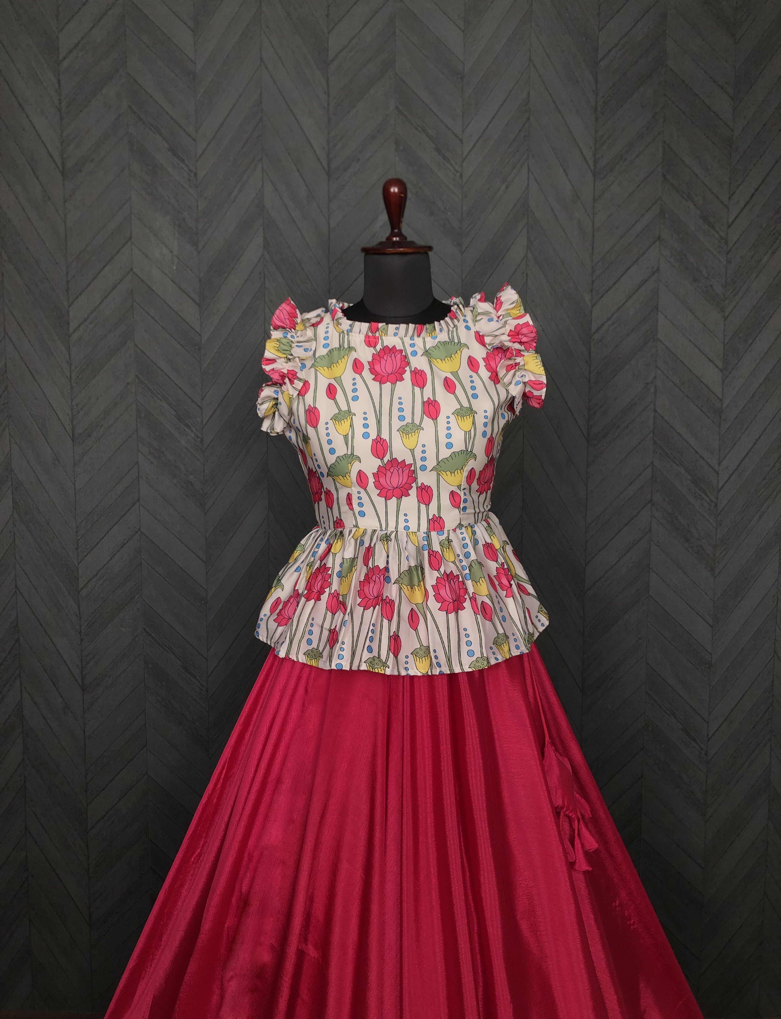 Grand Chinnon Pink Lehenga with 8.5 Mtr Flair & Kalamkari Peplum Blouse – Full Stitched Set (Adjustable Size 38”–44”)