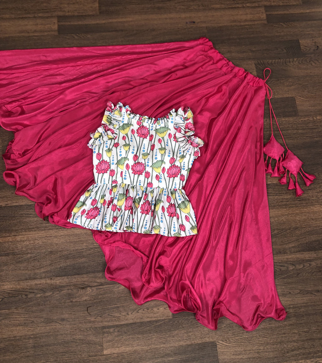 Grand Chinnon Pink Lehenga with 8.5 Mtr Flair & Kalamkari Peplum Blouse – Full Stitched Set (Adjustable Size 38”–44”)