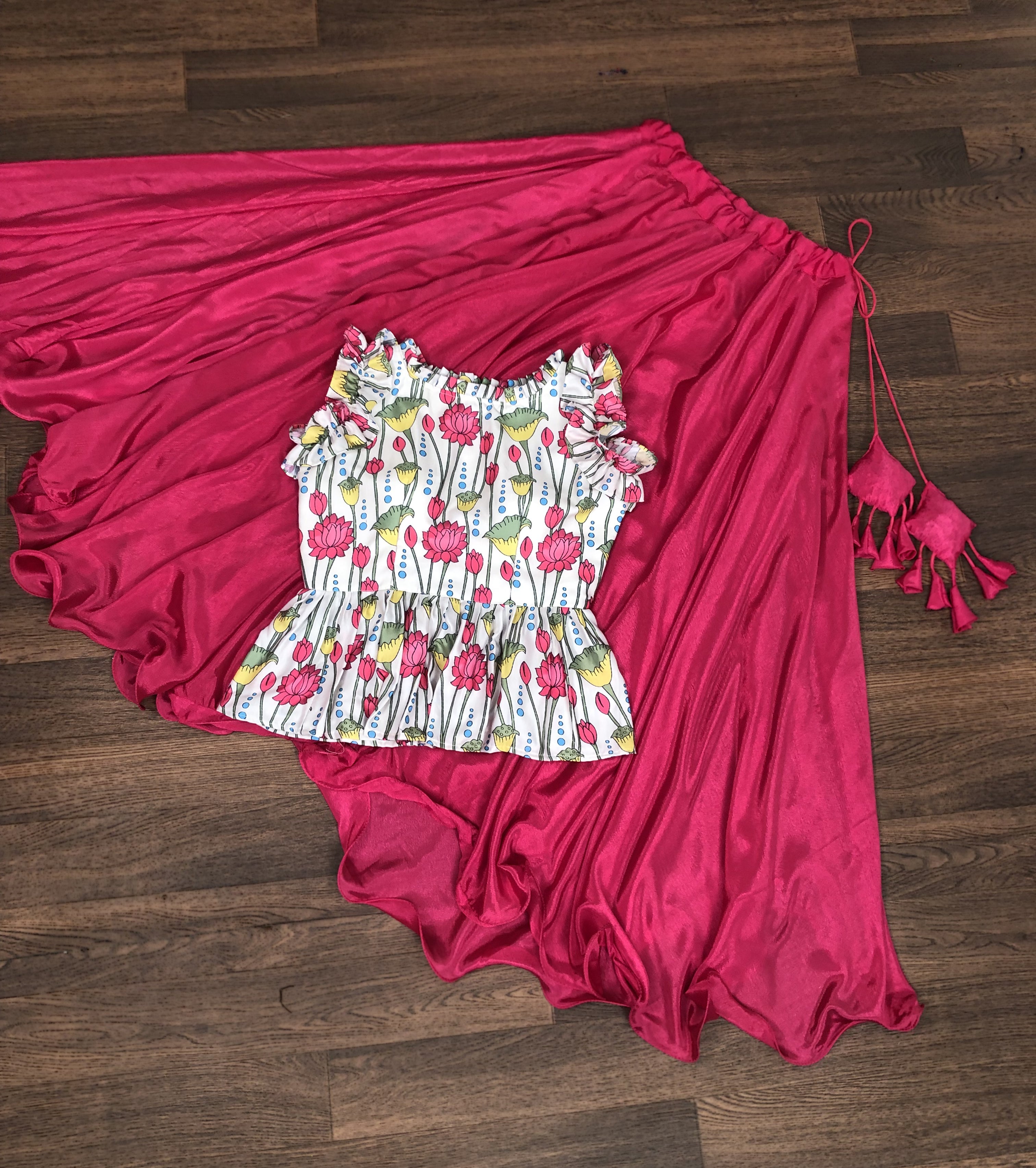 Grand Chinnon Pink Lehenga with 8.5 Mtr Flair & Kalamkari Peplum Blouse – Full Stitched Set (Adjustable Size 38”–44”)