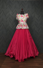 Grand Chinnon Pink Lehenga with 8.5 Mtr Flair & Kalamkari Peplum Blouse – Full Stitched Set (Adjustable Size 38”–44”)
