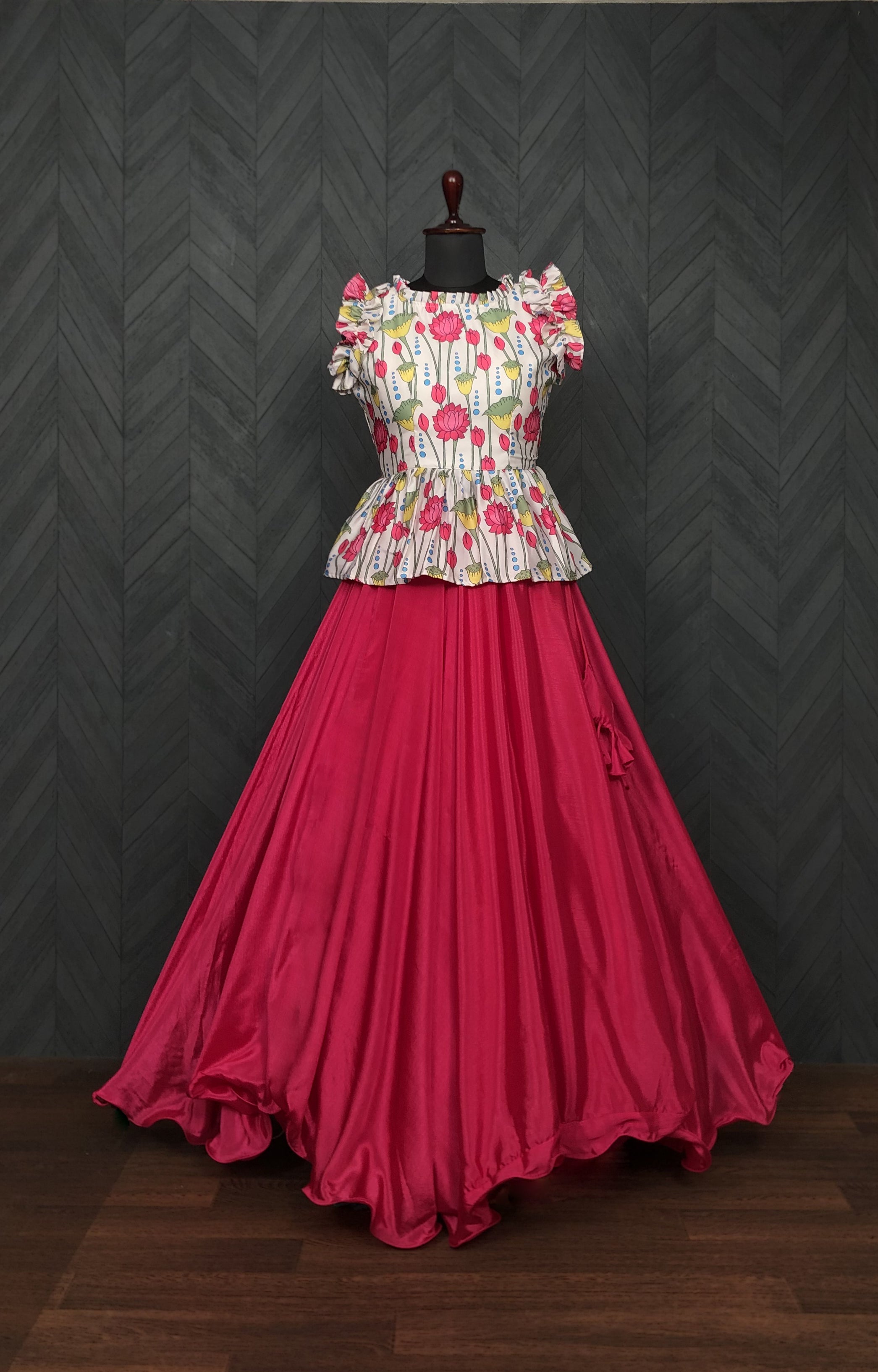 Grand Chinnon Pink Lehenga with 8.5 Mtr Flair & Kalamkari Peplum Blouse – Full Stitched Set (Adjustable Size 38”–44”)
