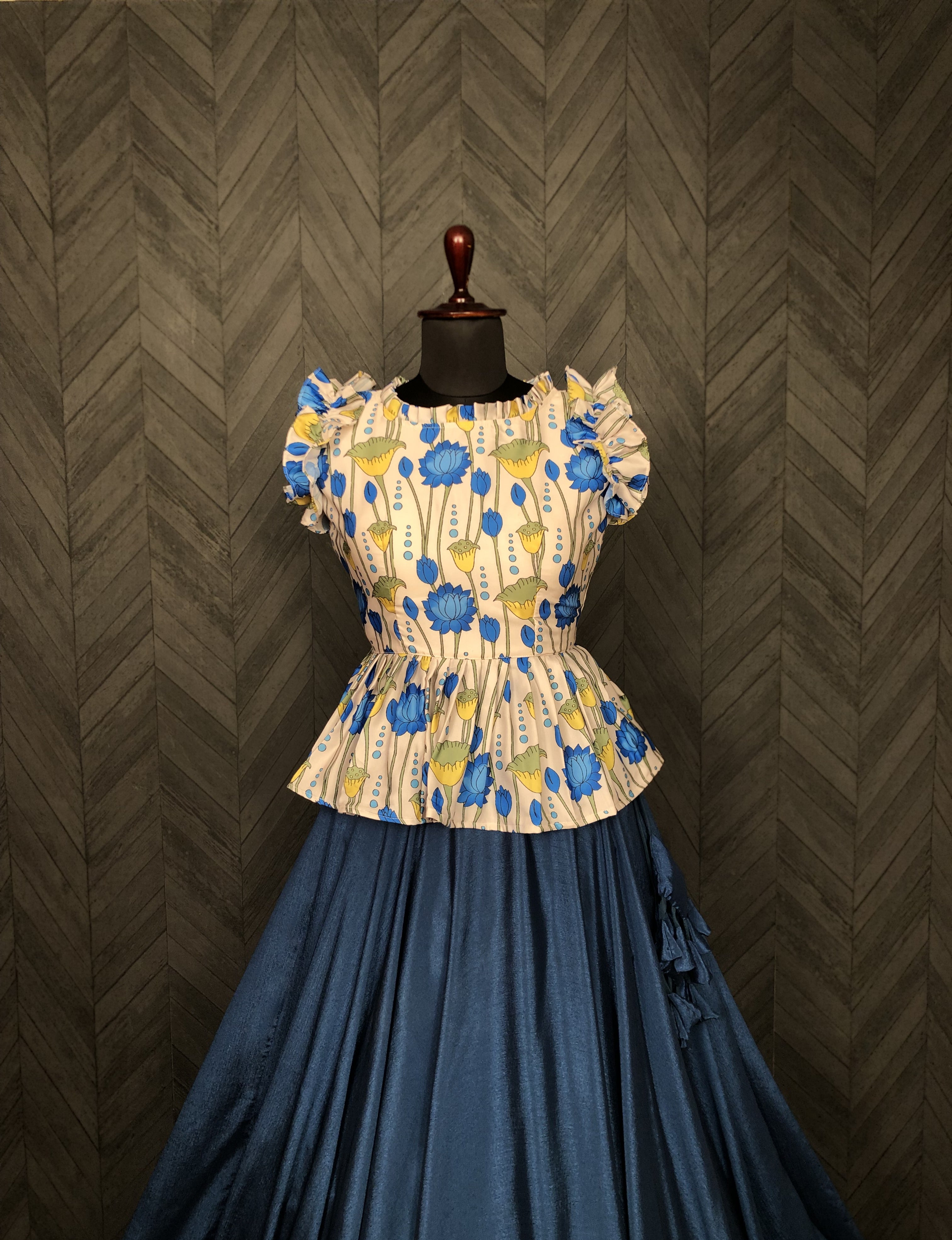 Grand Chinnon Rama Lehenga with 8.5 Mtr Flair & Kalamkari Peplum Blouse – Full Stitched Set (Adjustable Size 38”–44”)