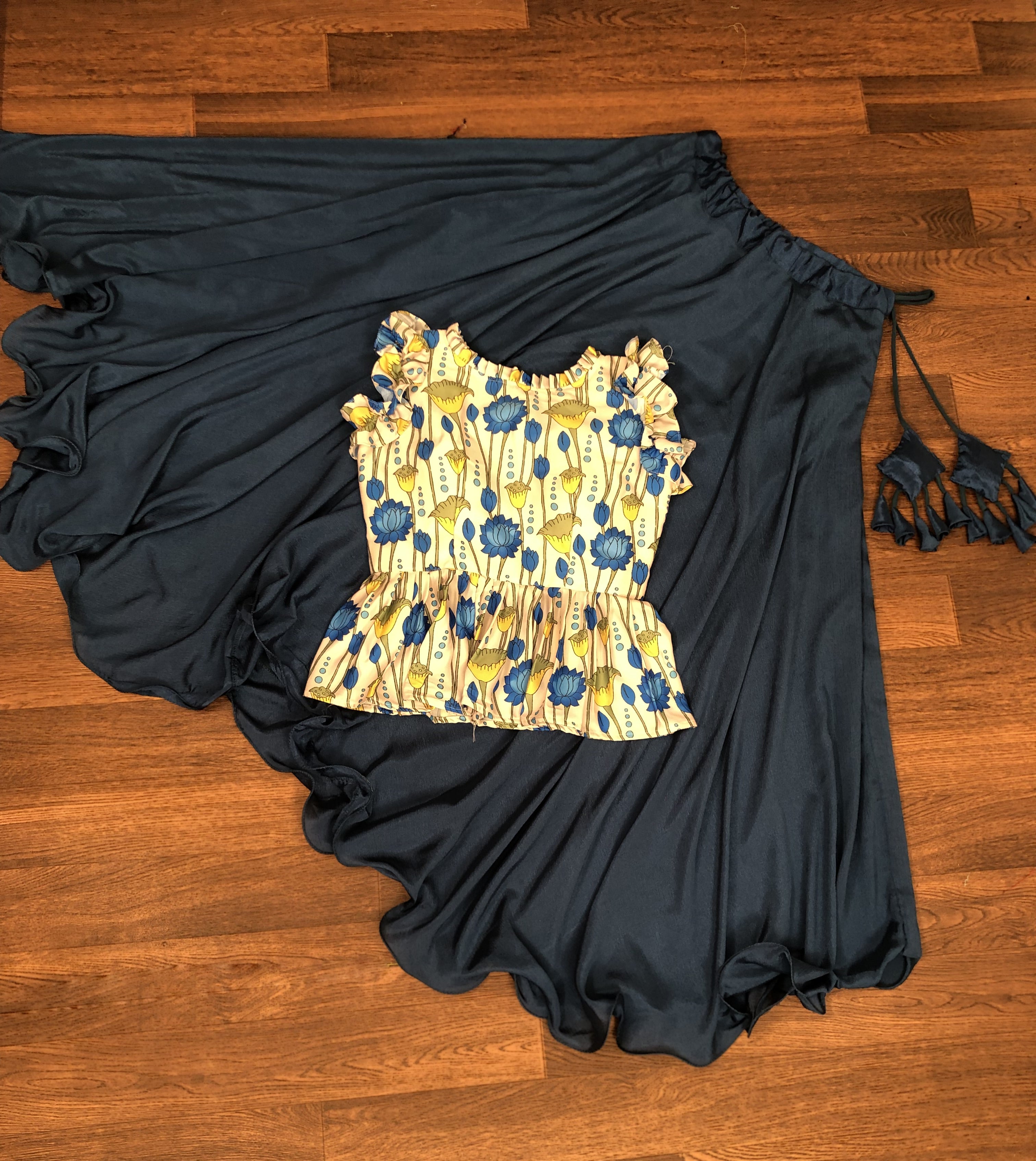 Grand Chinnon Rama Lehenga with 8.5 Mtr Flair & Kalamkari Peplum Blouse – Full Stitched Set (Adjustable Size 38”–44”)