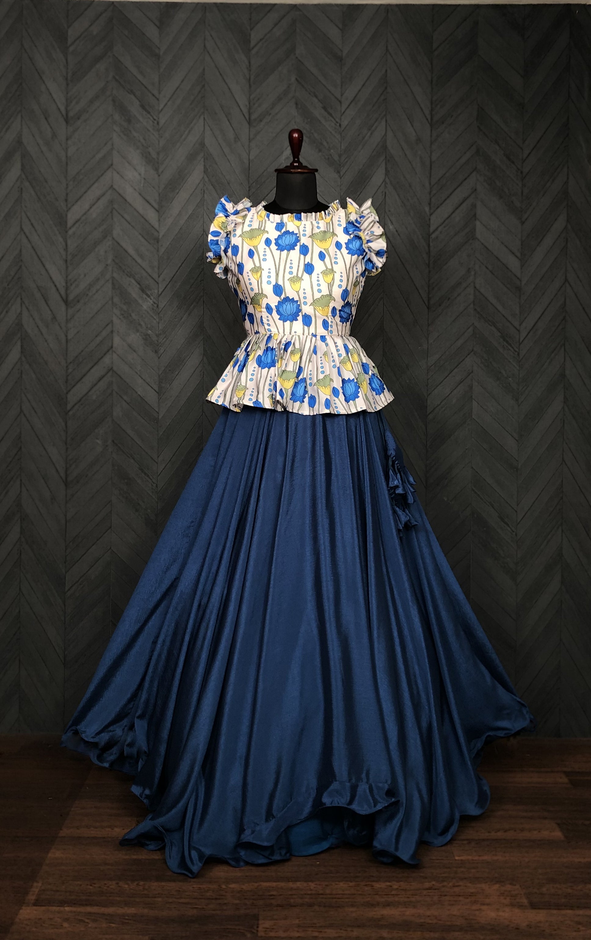 Grand Chinnon Rama Lehenga with 8.5 Mtr Flair & Kalamkari Peplum Blouse – Full Stitched Set (Adjustable Size 38”–44”)