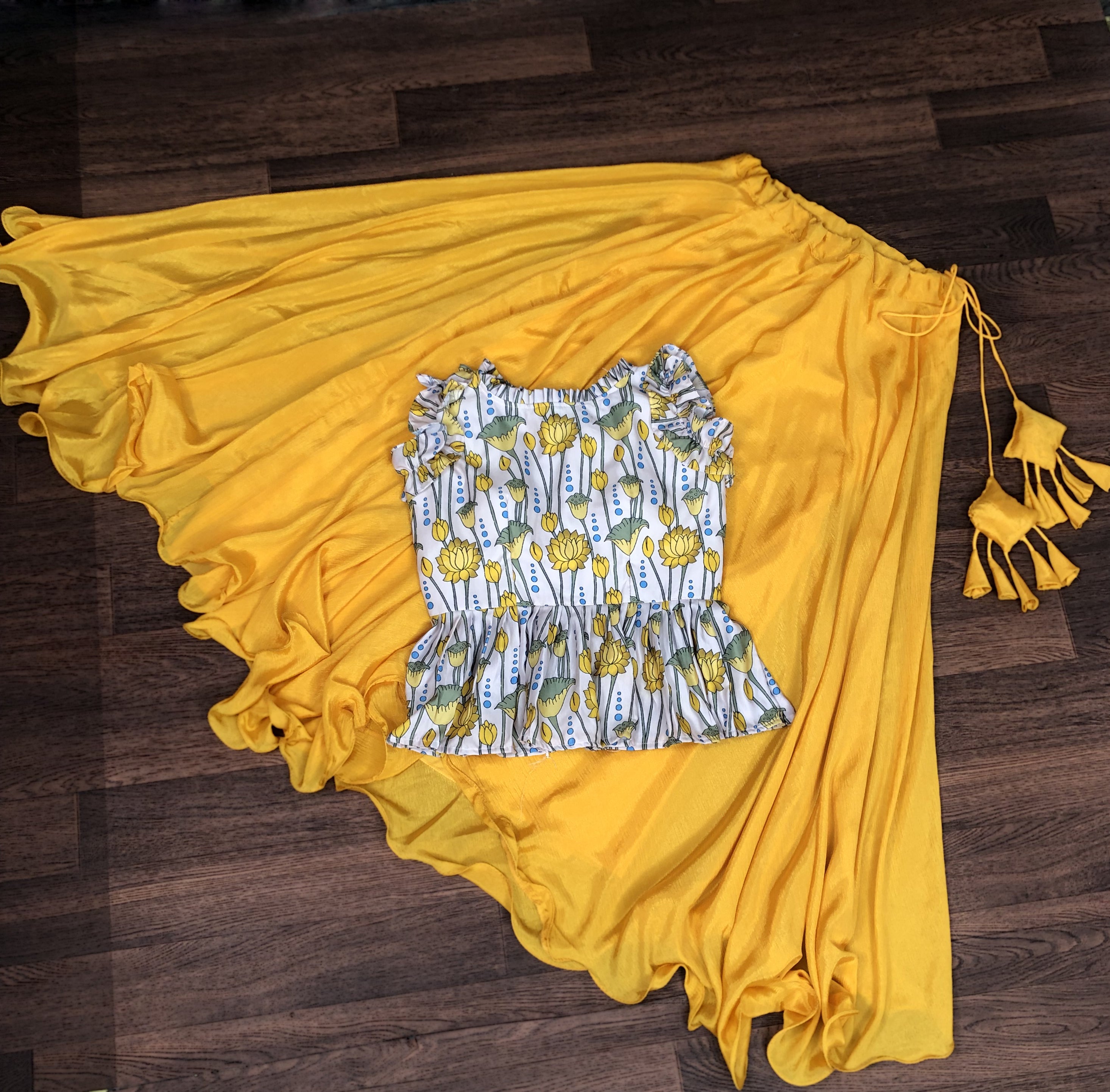 Grand Chinnon Yellow Lehenga with 8.5 Mtr Flair & Kalamkari Peplum Blouse – Full Stitched Set (Adjustable Size 38”–44”)
