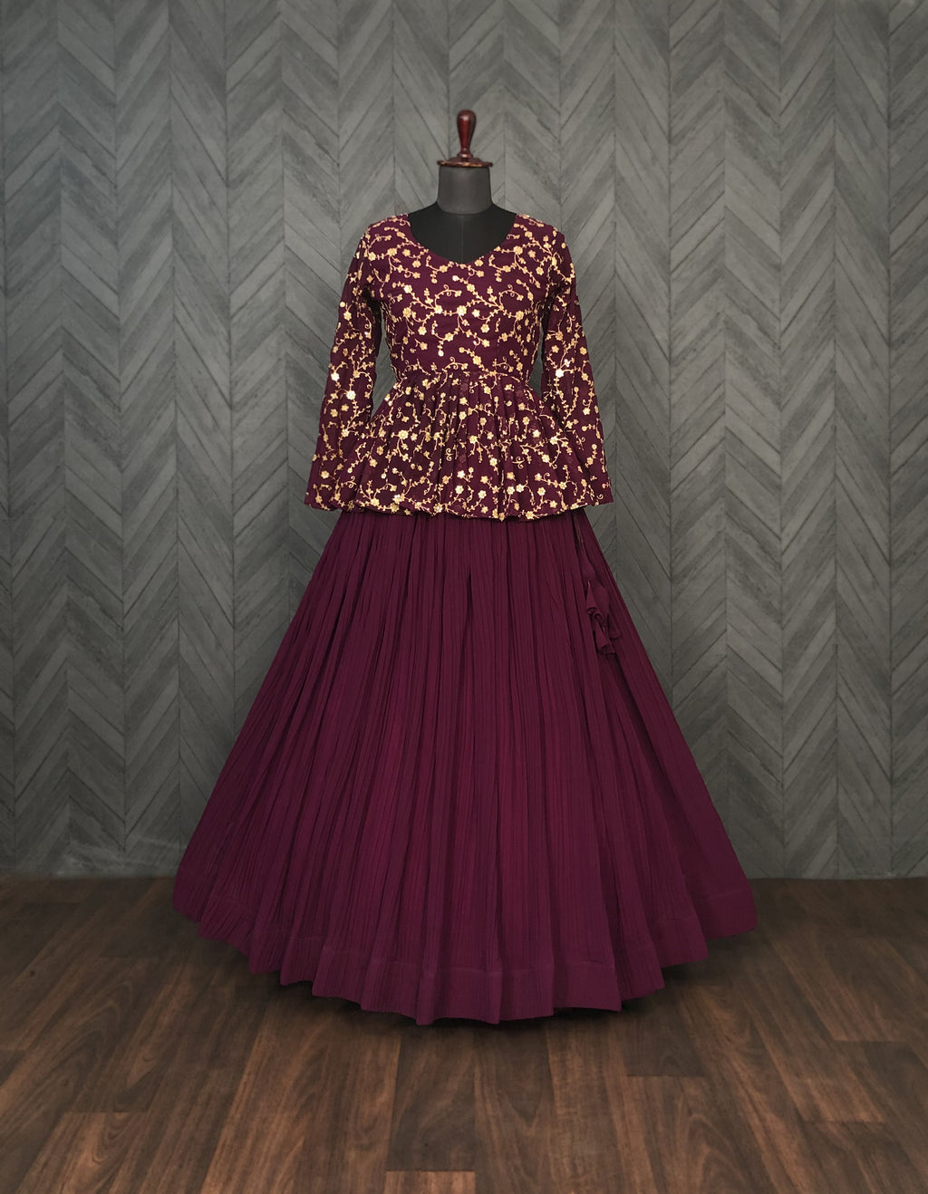 Elegant Faux Blooming Pleated Lehenga with Embroidered Peplum Blouse – Full Stitched Set (Adjustable Size 38"–44") | 5 Mtr Flair