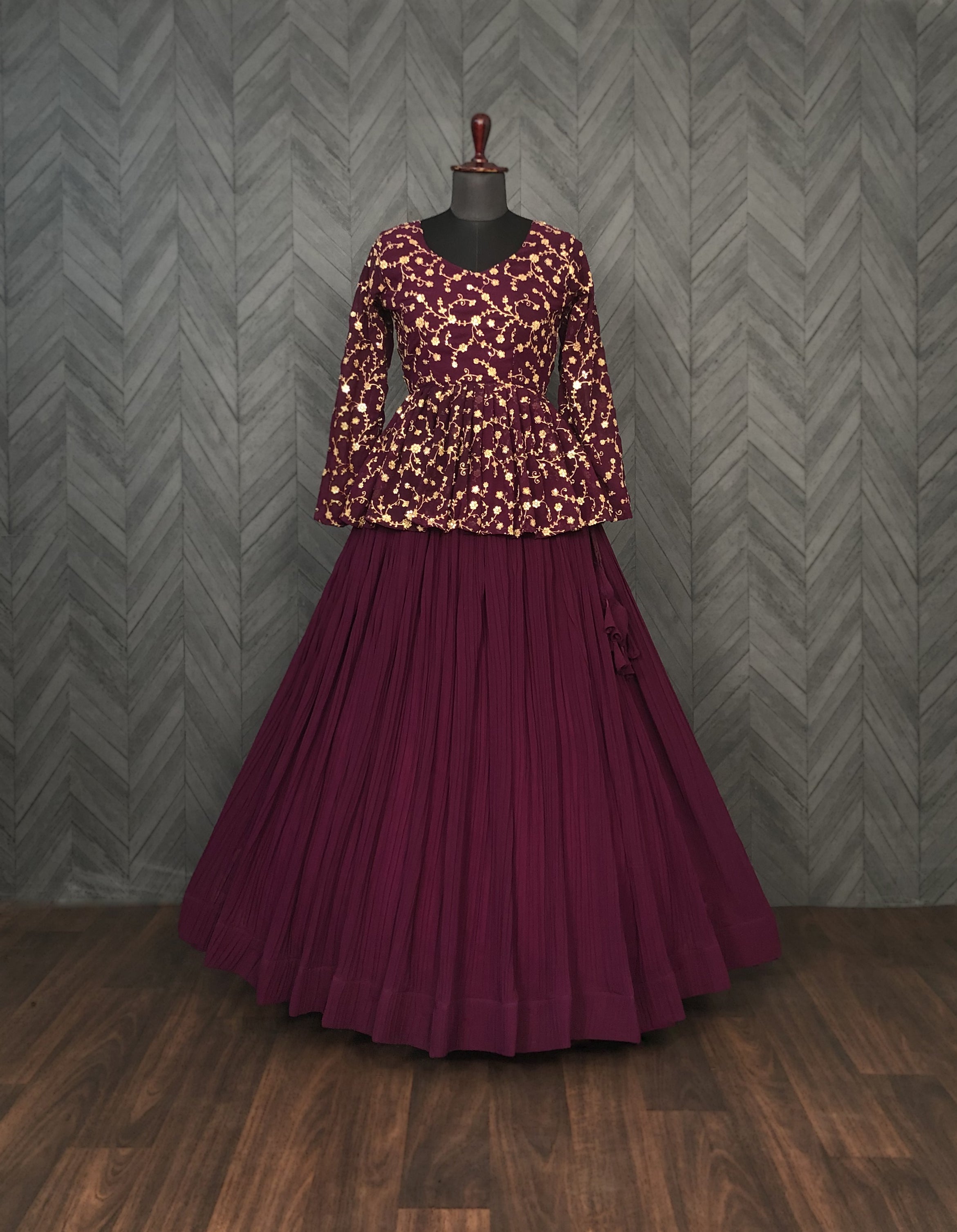 Elegant Faux Blooming Pleated Lehenga with Embroidered Peplum Blouse – Full Stitched Set (Adjustable Size 38"–44") | 5 Mtr Flair