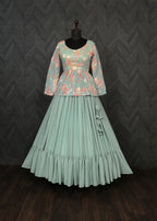 Stylish Faux Georgette Teal Lehenga with Floral Embroidered Peplum Blouse – Full Stitched Set (Adjustable Size 38"–44") | 5.5 Mtr Flair