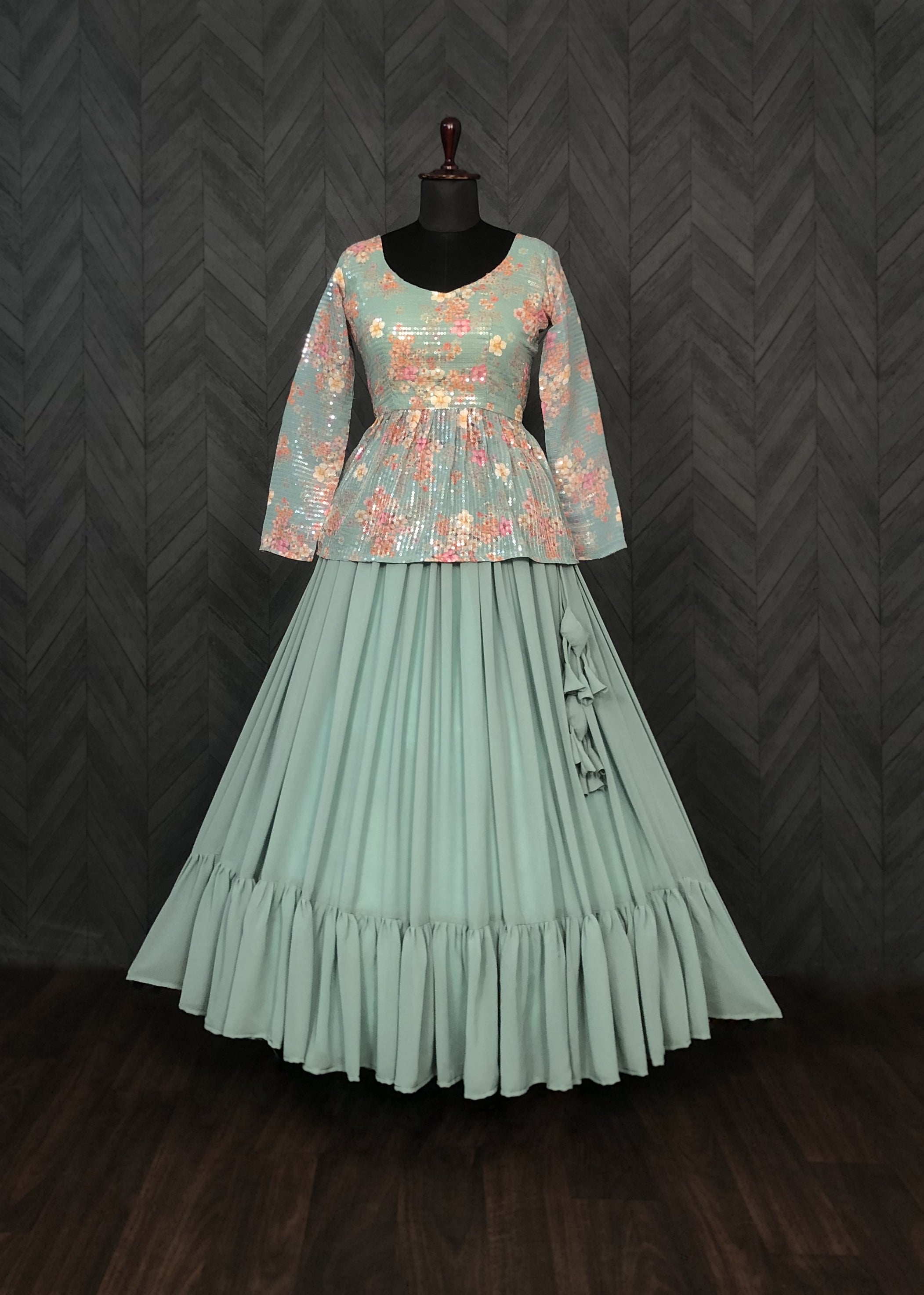 Stylish Faux Georgette Teal Lehenga with Floral Embroidered Peplum Blouse – Full Stitched Set (Adjustable Size 38"–44") | 5.5 Mtr Flair