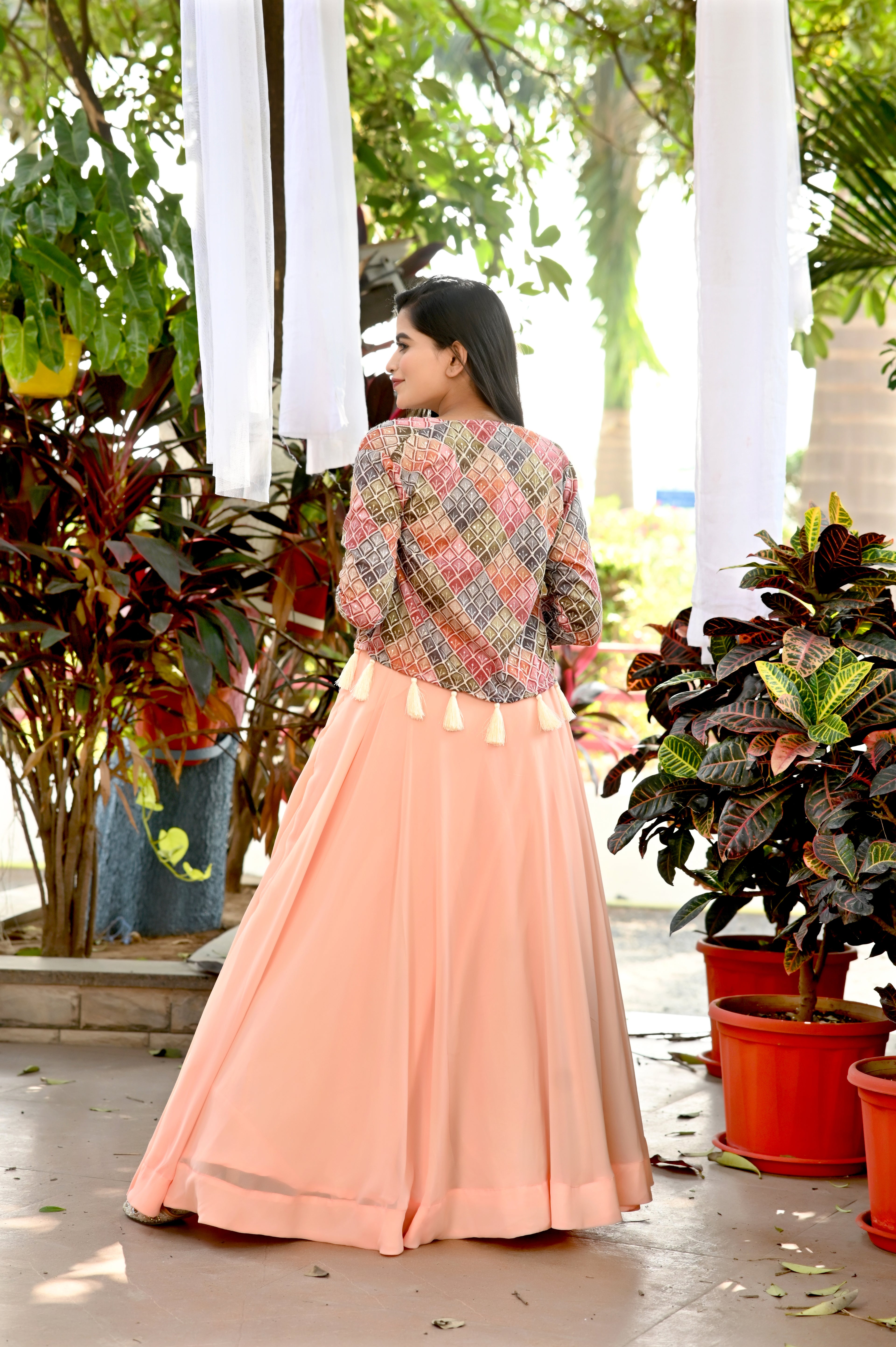 Designer Faux Georgette  Lehenga with Sequins Blouse & Printed Chinnon Koti – Full Stitched Set (Size 38” Adjustable to 44”)