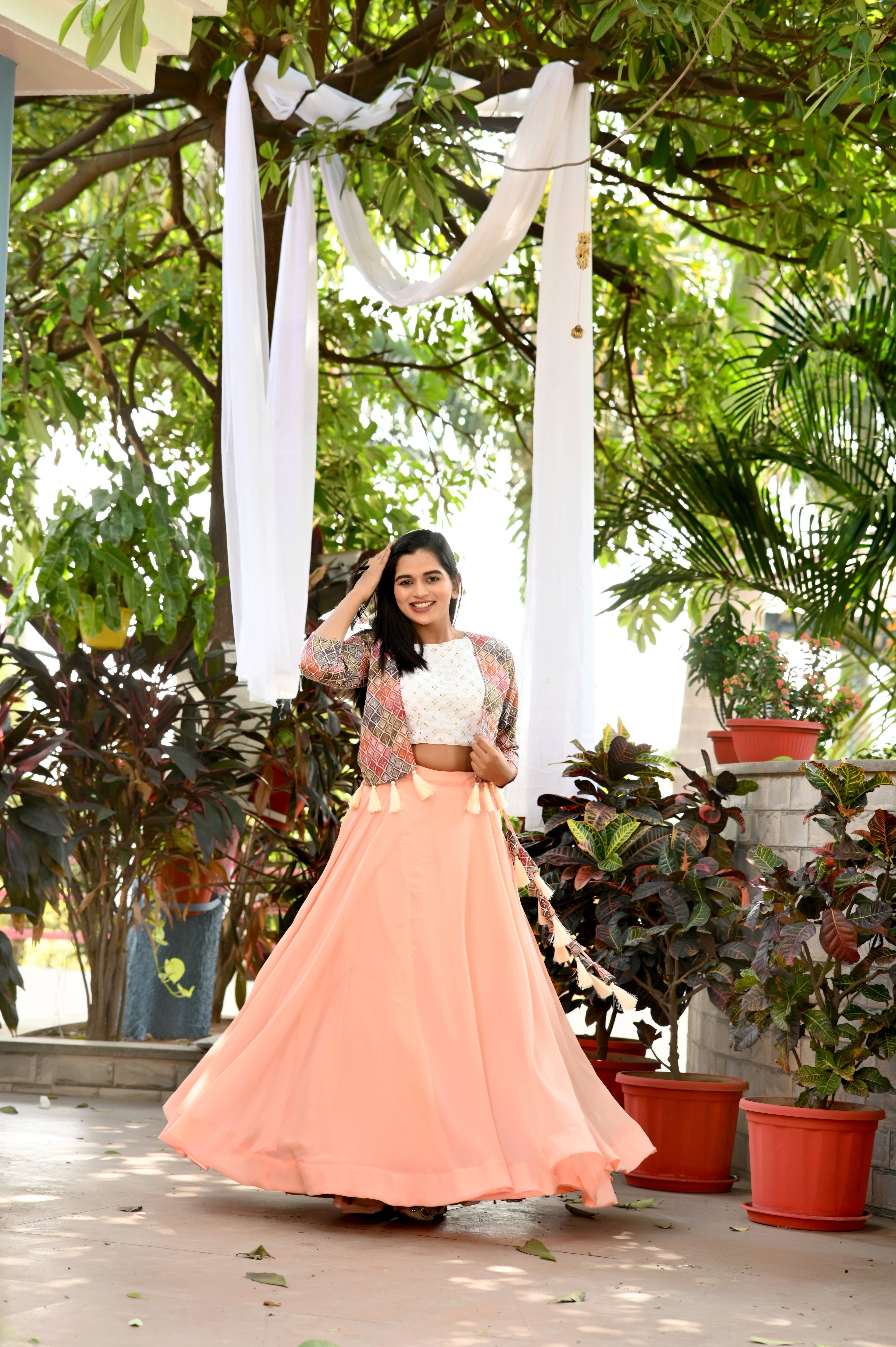Designer Faux Georgette  Lehenga with Sequins Blouse & Printed Chinnon Koti – Full Stitched Set (Size 38” Adjustable to 44”)