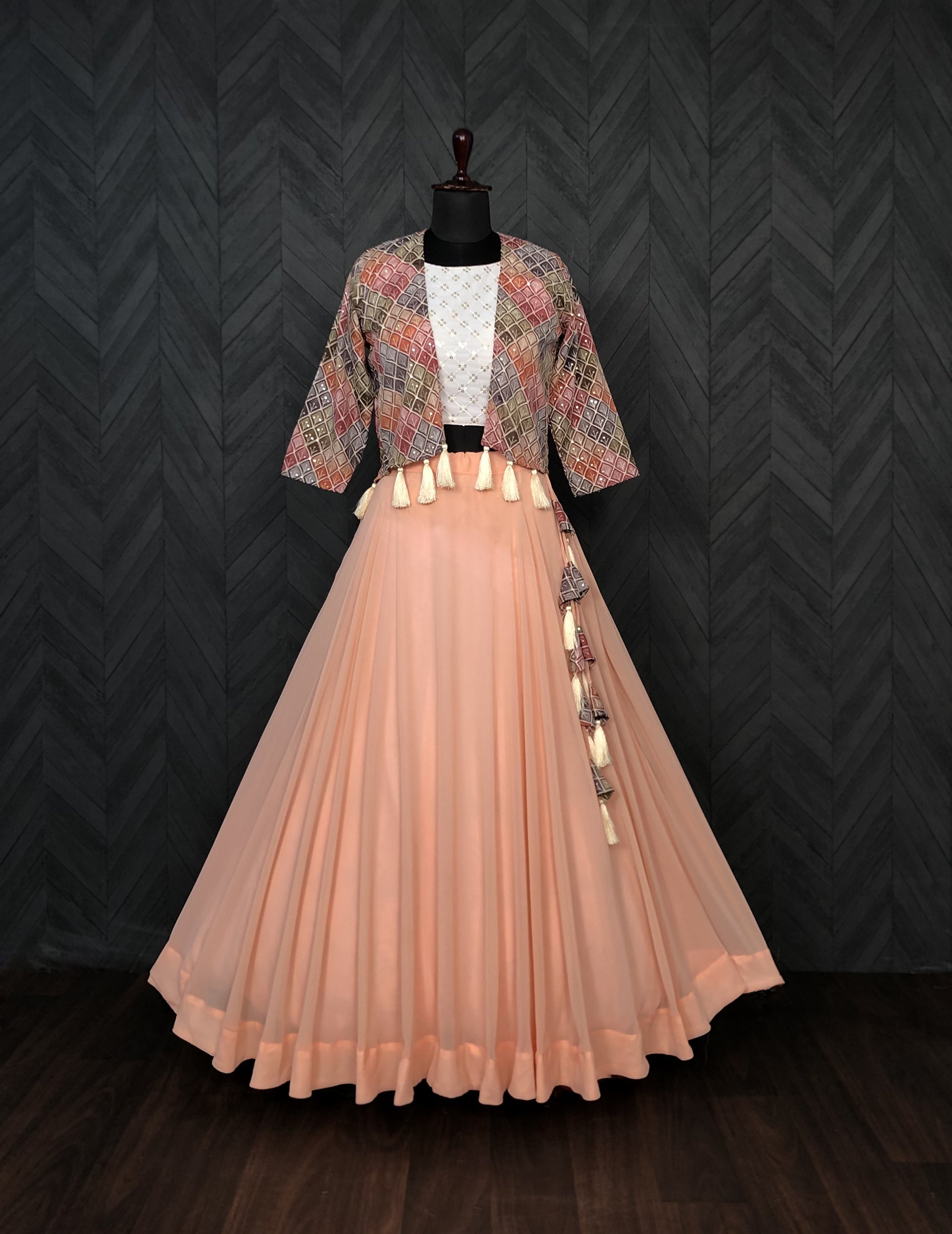 Designer Faux Georgette  Lehenga with Sequins Blouse & Printed Chinnon Koti – Full Stitched Set (Size 38” Adjustable to 44”)