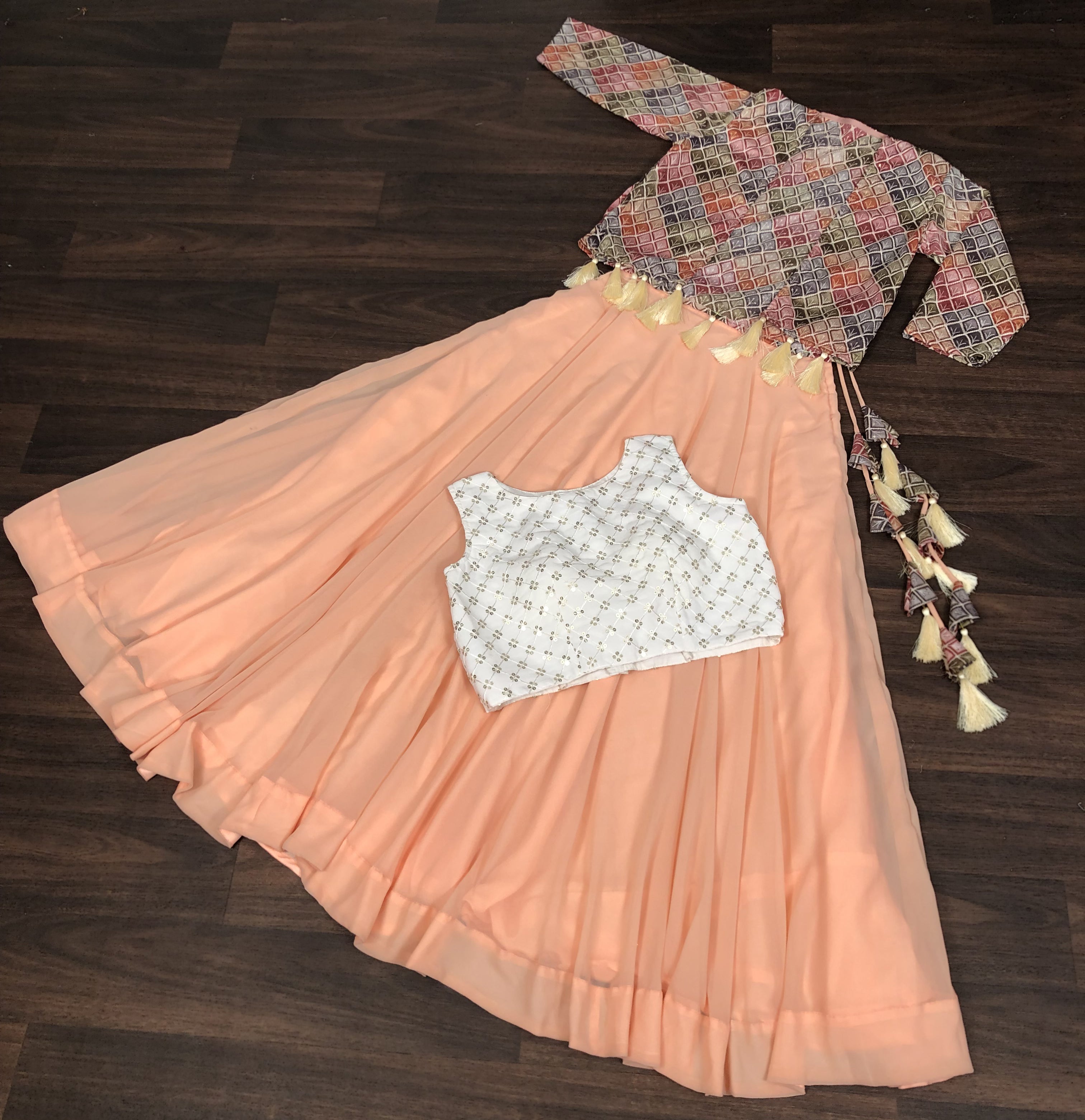 Designer Faux Georgette  Lehenga with Sequins Blouse & Printed Chinnon Koti – Full Stitched Set (Size 38” Adjustable to 44”)