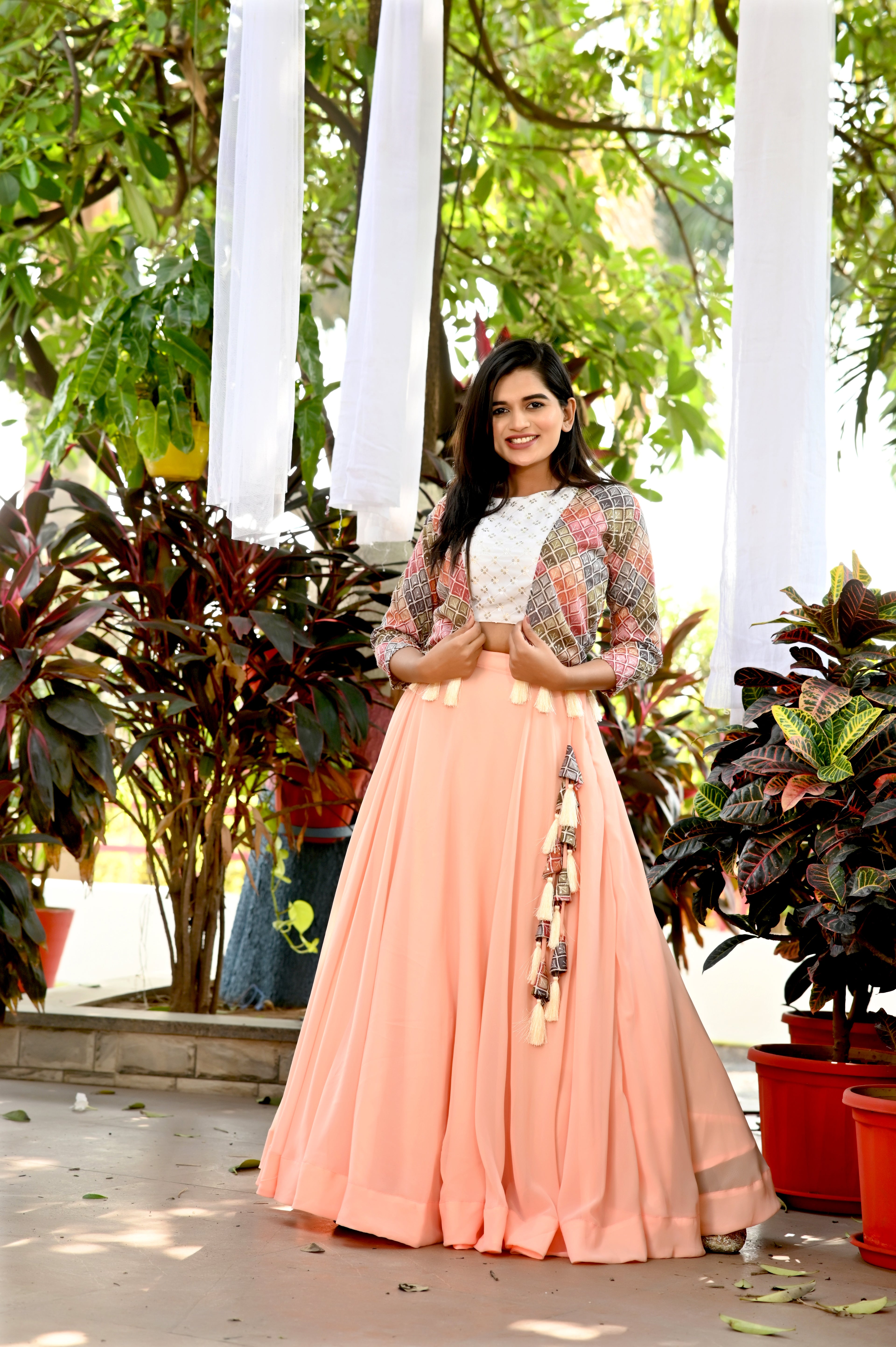 Designer Faux Georgette  Lehenga with Sequins Blouse & Printed Chinnon Koti – Full Stitched Set (Size 38” Adjustable to 44”)