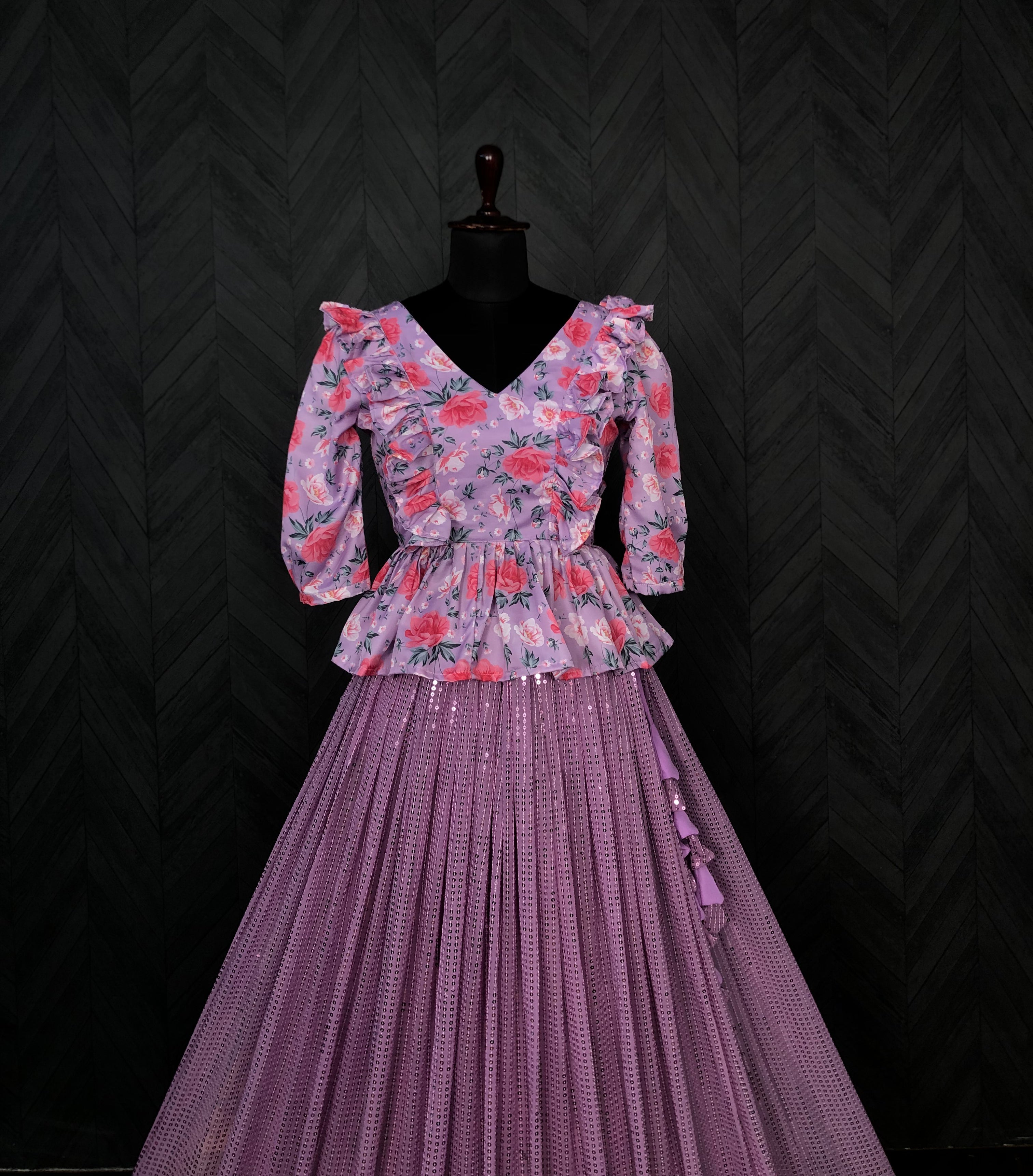 Designer Faux Georgette Purple Lehenga with Heavy Sequins Work & Printed Satin Maslin Blouse – Fully Stitched (Size 38" - Adjustable)