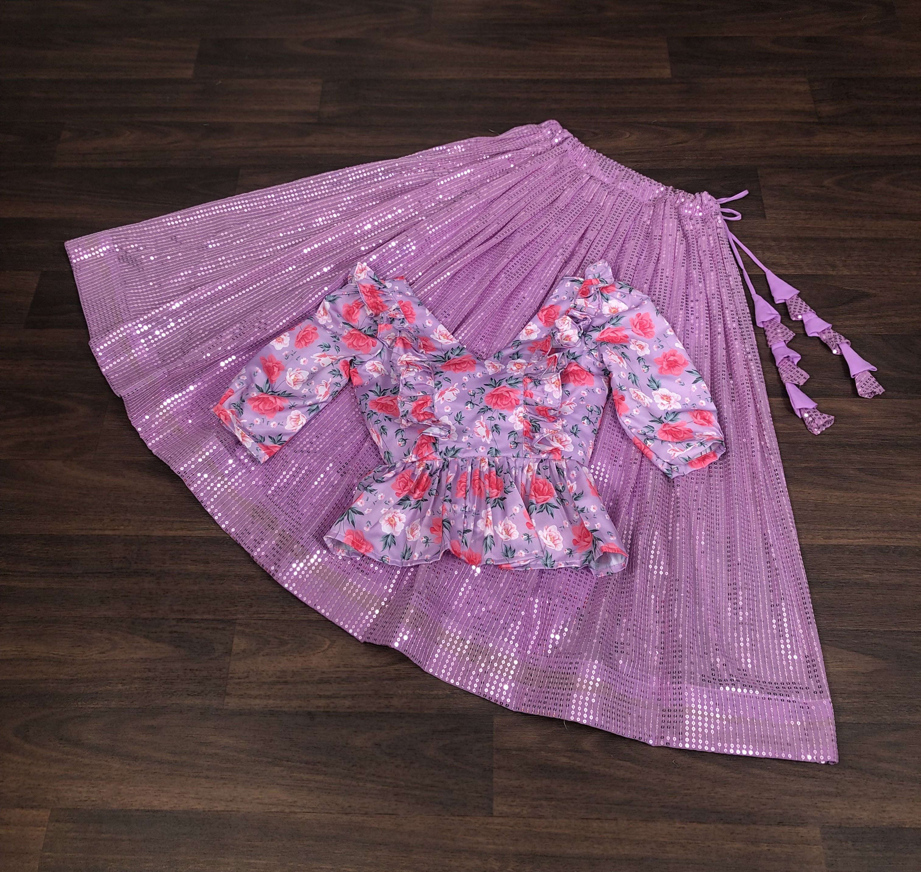 Designer Faux Georgette Purple Lehenga with Heavy Sequins Work & Printed Satin Maslin Blouse – Fully Stitched (Size 38" - Adjustable)