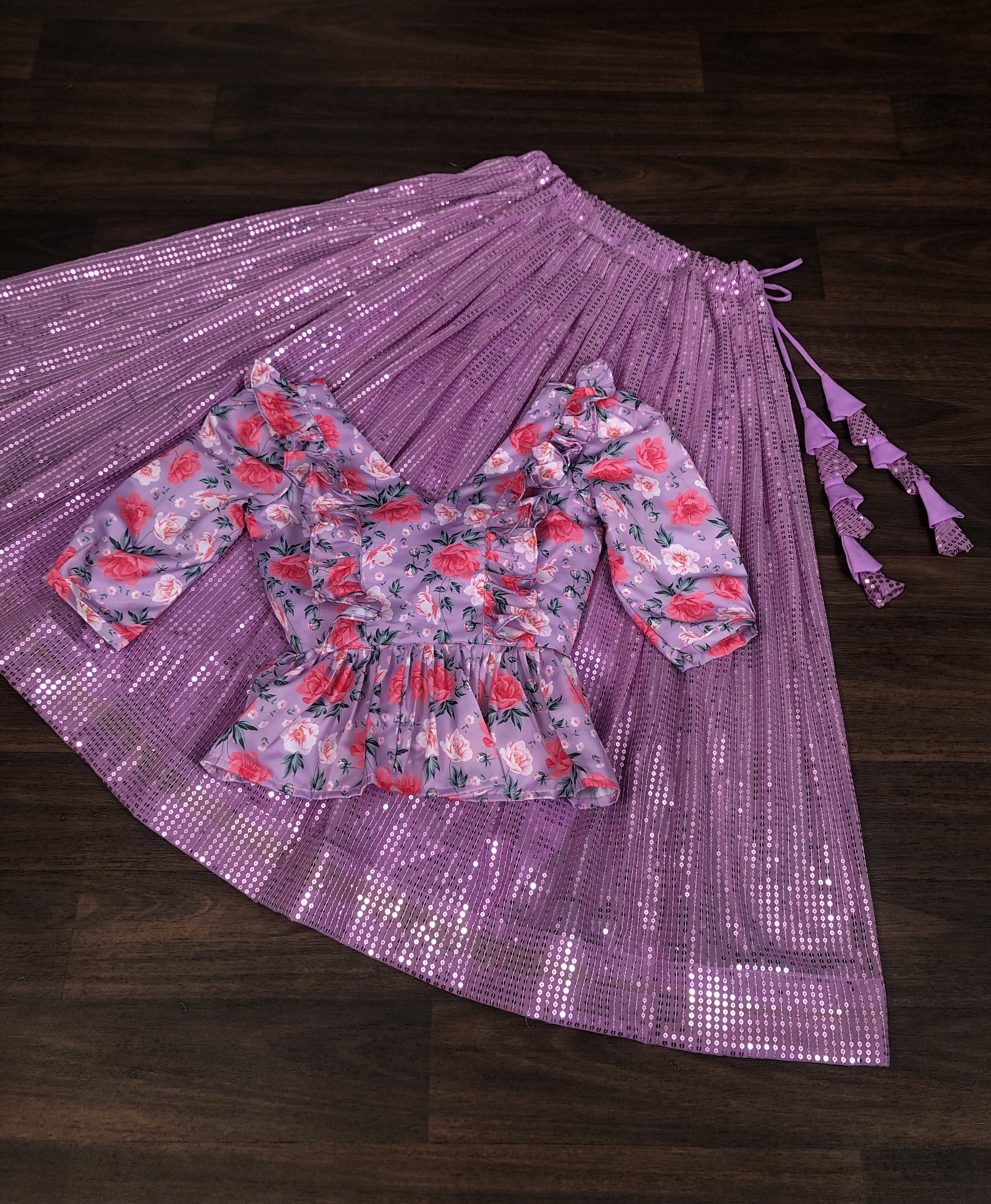 Designer Faux Georgette Purple Lehenga with Heavy Sequins Work & Printed Satin Maslin Blouse – Fully Stitched (Size 38" - Adjustable)