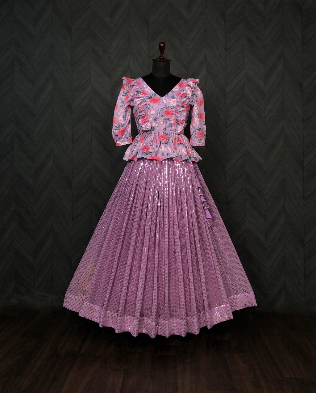 Designer Faux Georgette Purple Lehenga with Heavy Sequins Work & Printed Satin Maslin Blouse – Fully Stitched (Size 38" - Adjustable)