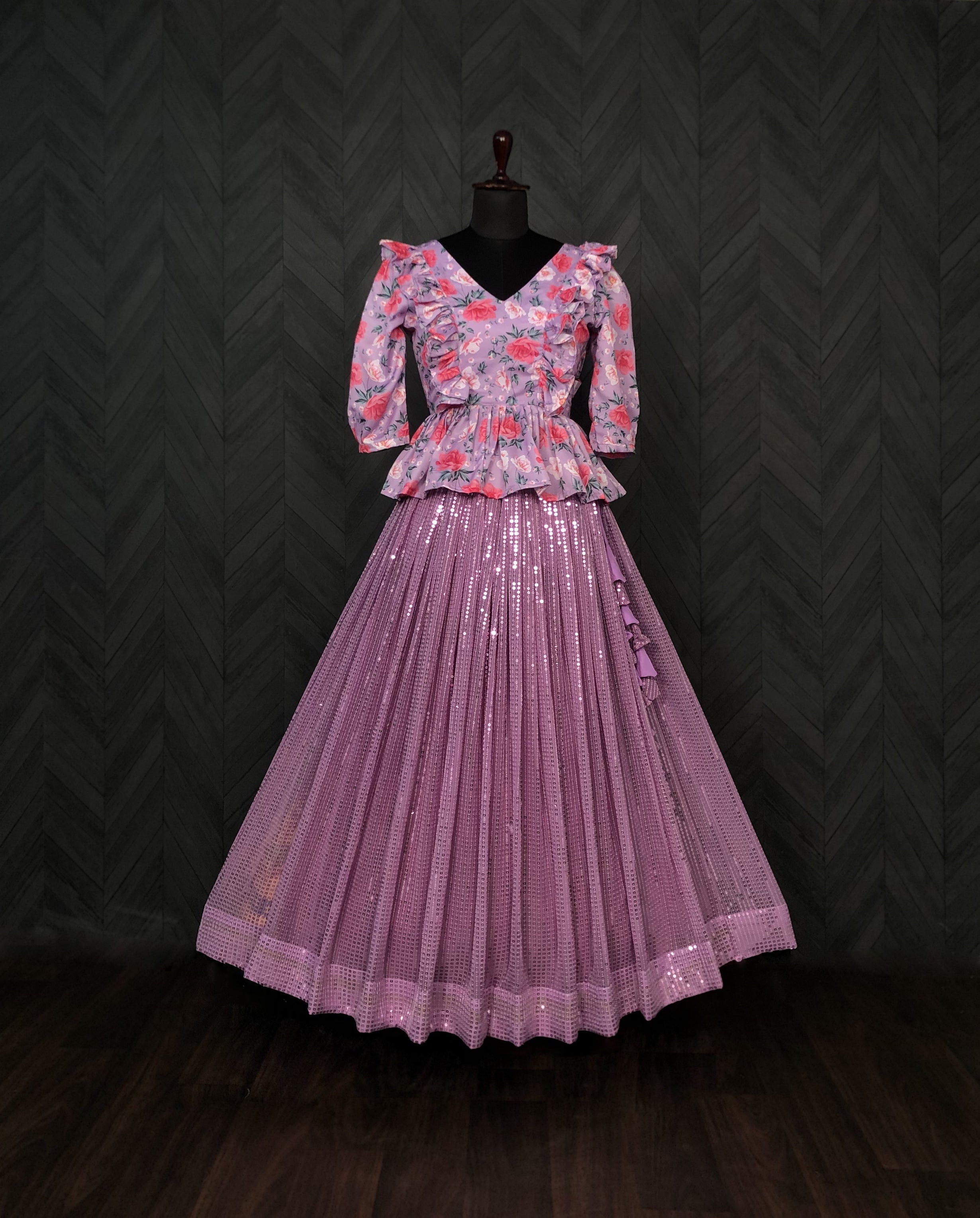 Designer Faux Georgette Purple Lehenga with Heavy Sequins Work & Printed Satin Maslin Blouse – Fully Stitched (Size 38" - Adjustable)