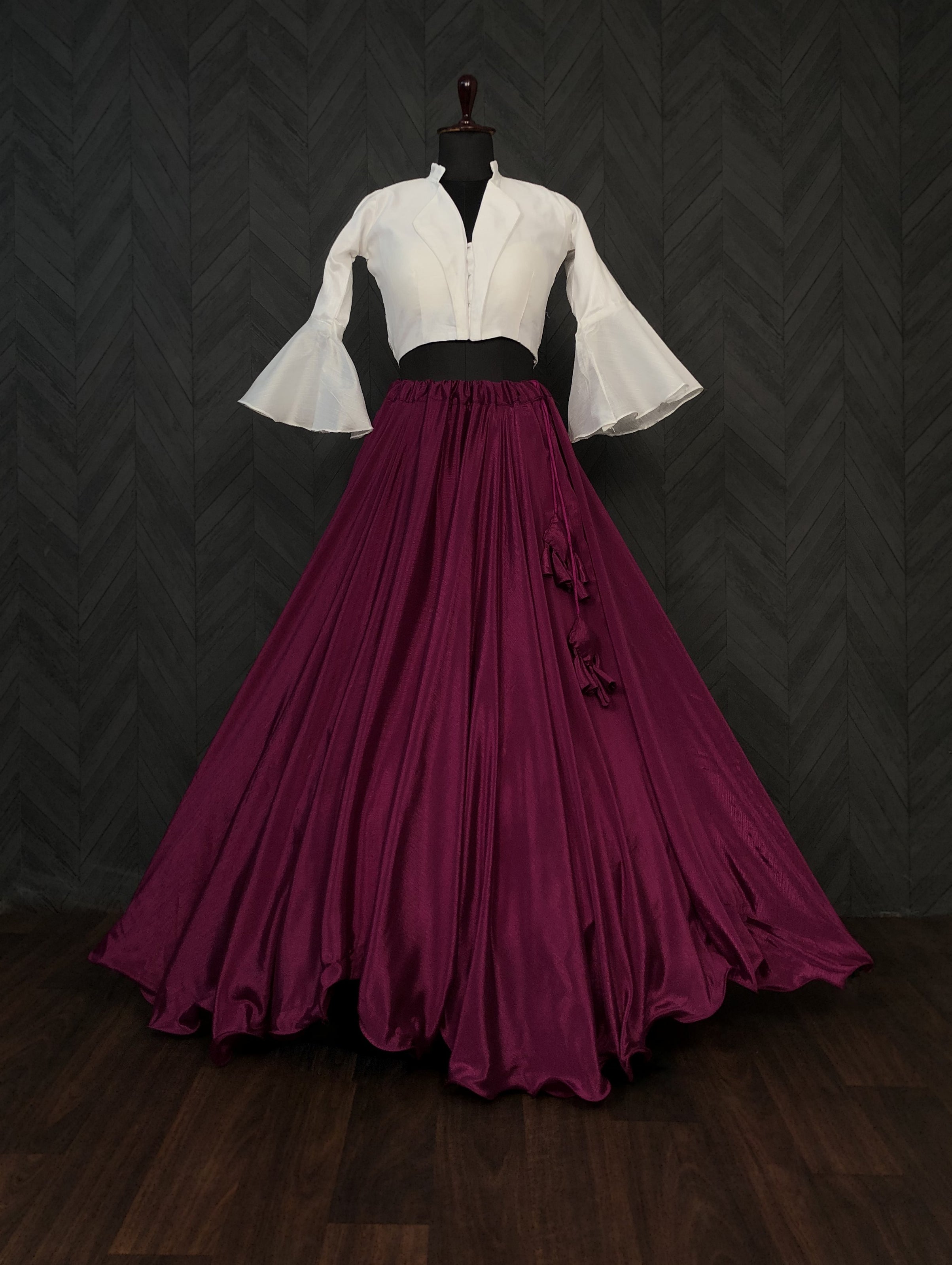 Heavy Chinnon Wine Lehenga with Designer Phantom Silk Blouse | Full-Stitched | 8.5 Mtr Flair