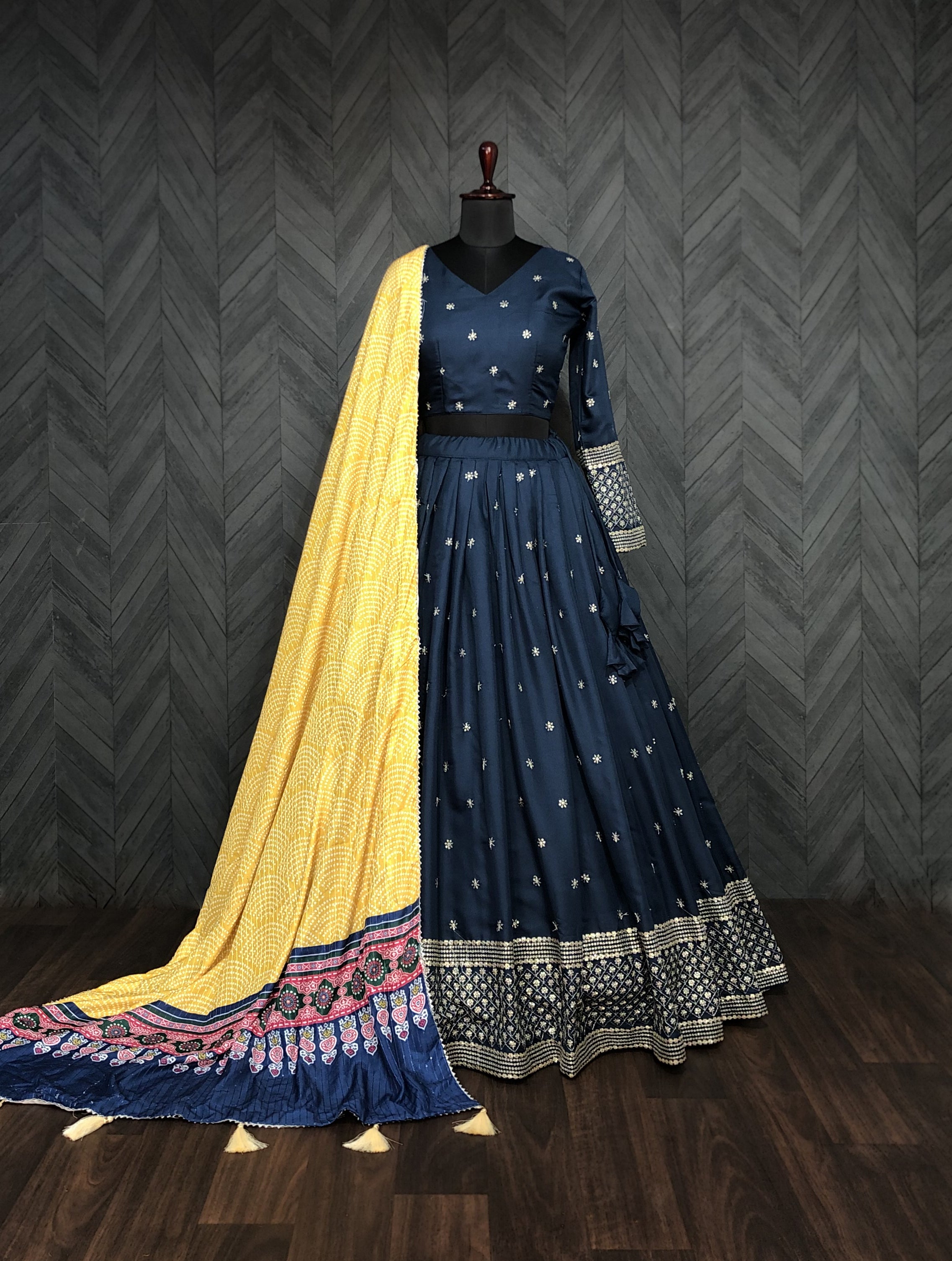 Mayra Silk Embroidered Blue Lehenga Choli Set with Digital Printed Maslin Dupatta | Full-Stitched Lehenga
