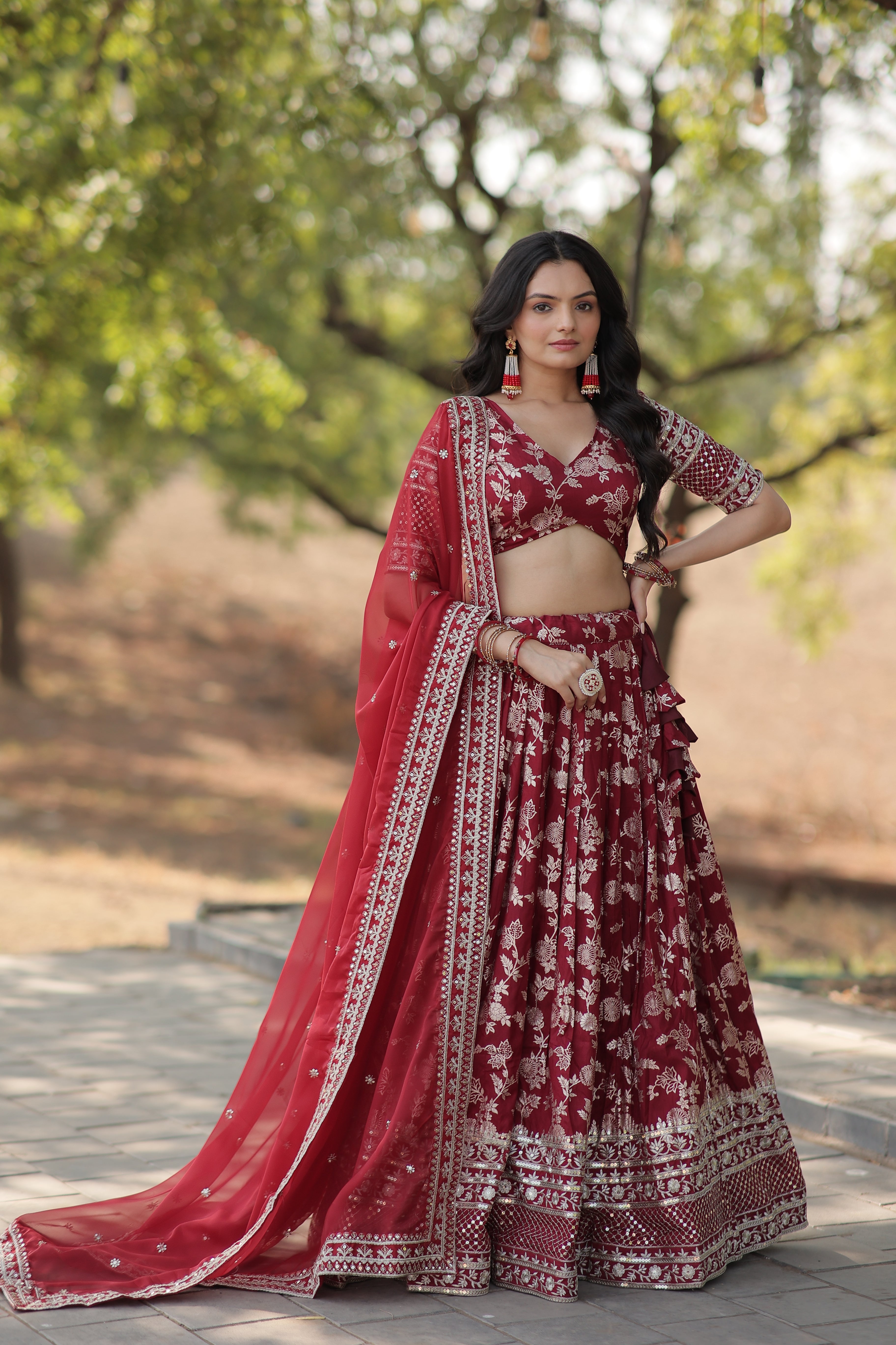 Premium Embroidered Viscose Jacquard Maroon Lehenga Set with Russian Silk Dupatta | Full-Stitched Lehenga + Unstitched Blouse