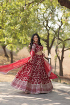 Premium Embroidered Viscose Jacquard Maroon Lehenga Set with Russian Silk Dupatta | Full-Stitched Lehenga + Unstitched Blouse