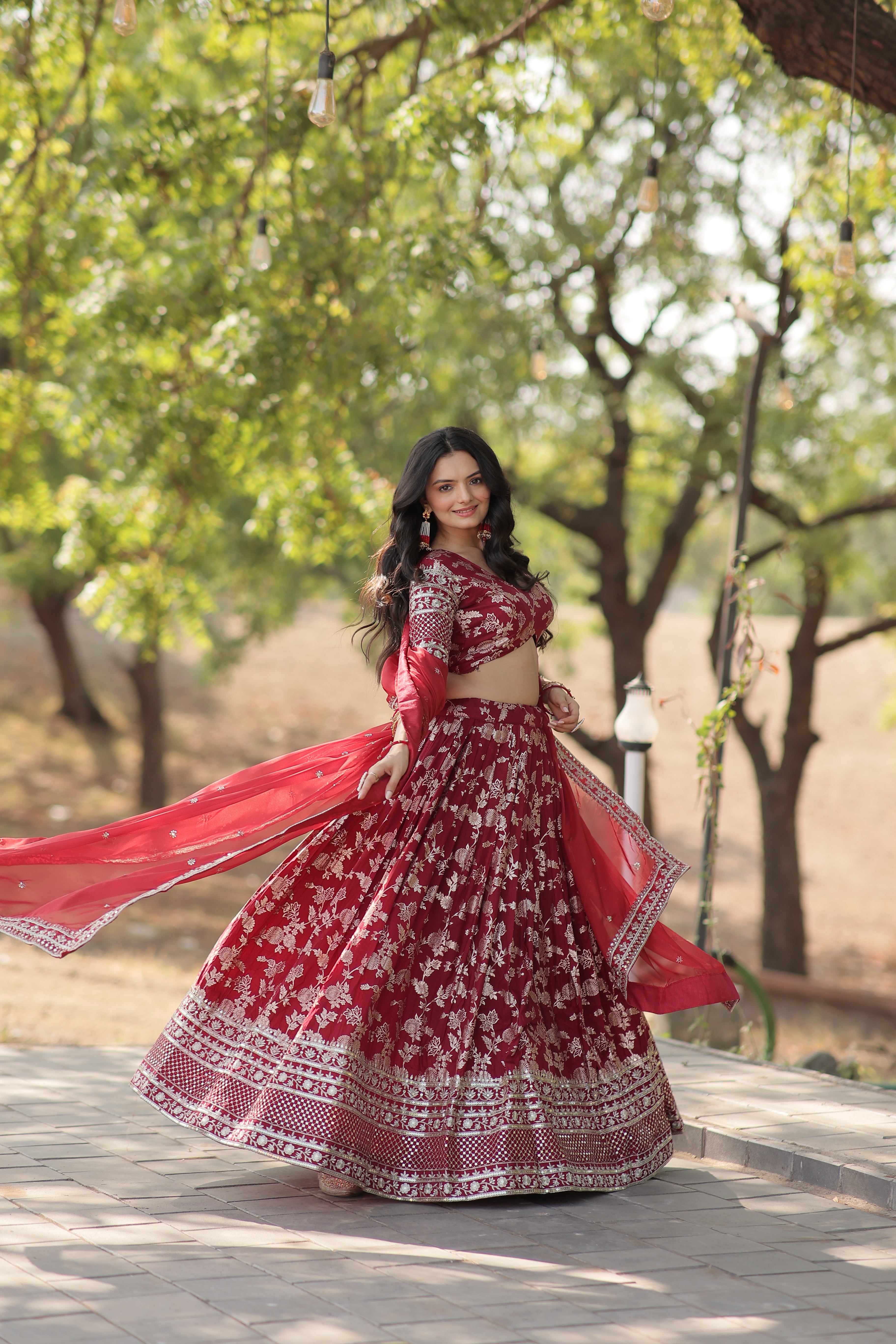 Premium Embroidered Viscose Jacquard Maroon Lehenga Set with Russian Silk Dupatta | Full-Stitched Lehenga + Unstitched Blouse