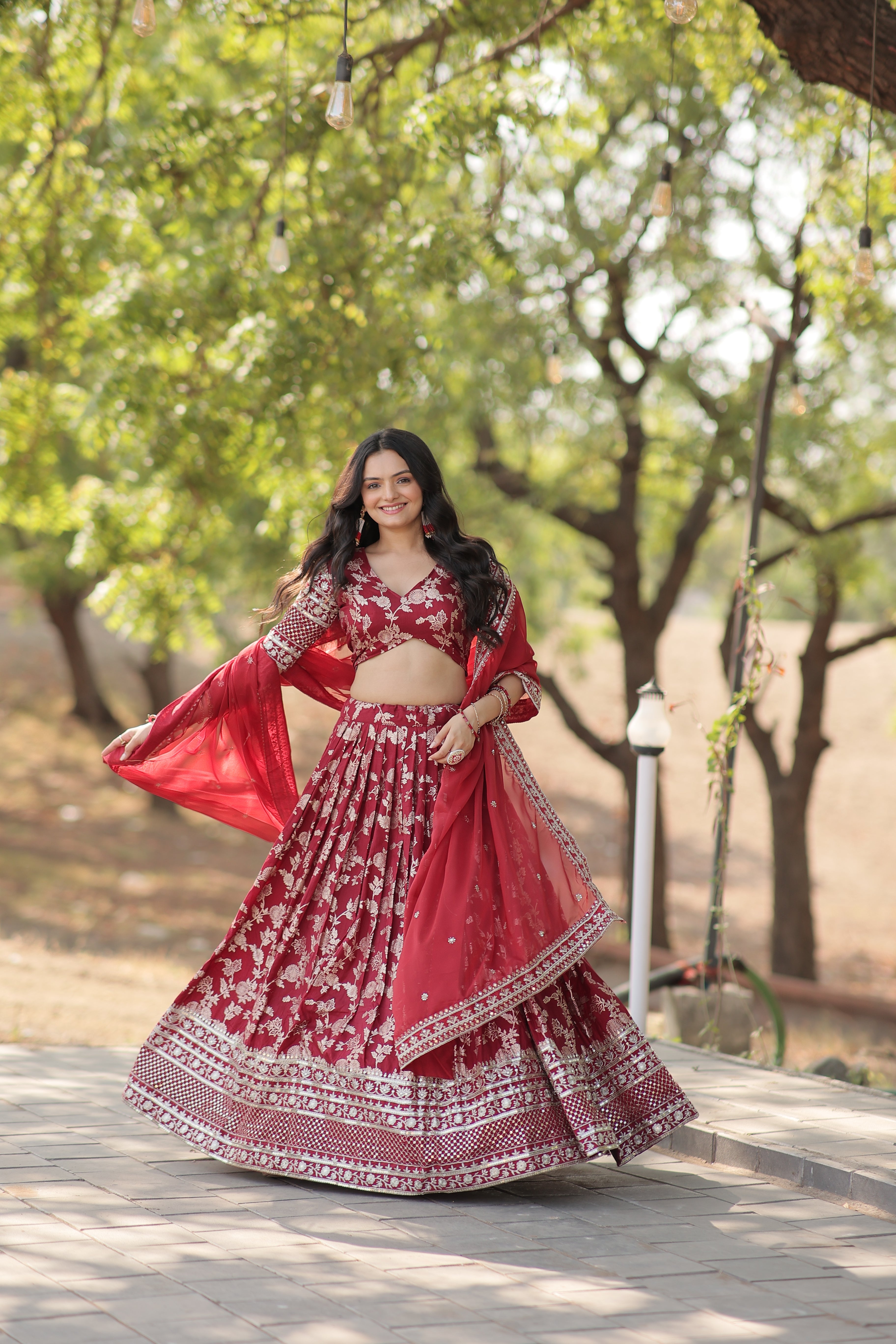 Premium Embroidered Viscose Jacquard Maroon Lehenga Set with Russian Silk Dupatta | Full-Stitched Lehenga + Unstitched Blouse
