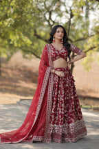 Premium Embroidered Viscose Jacquard Maroon Lehenga Set with Russian Silk Dupatta | Full-Stitched Lehenga + Unstitched Blouse