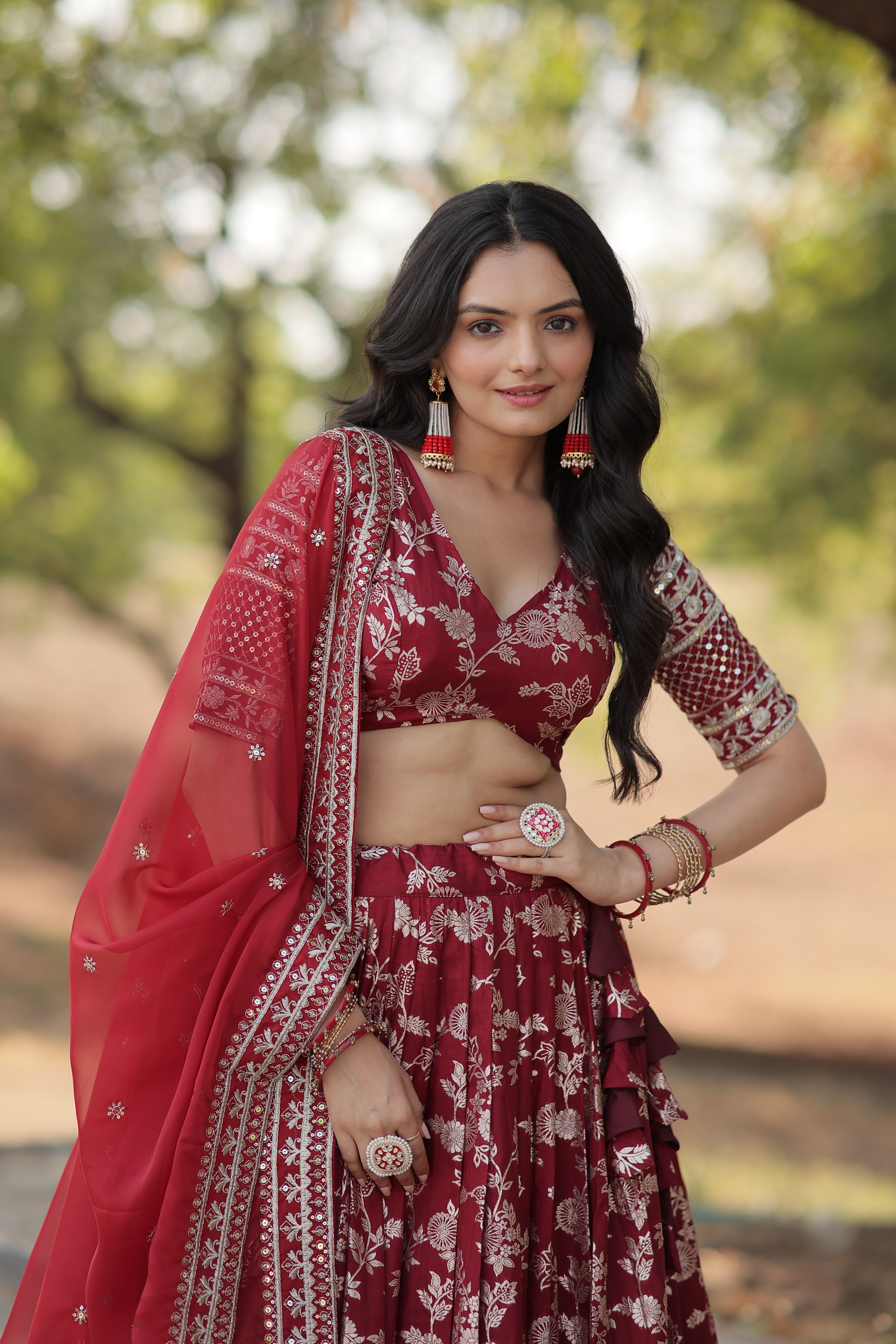 Premium Embroidered Viscose Jacquard Maroon Lehenga Set with Russian Silk Dupatta | Full-Stitched Lehenga + Unstitched Blouse