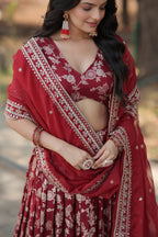 Premium Embroidered Viscose Jacquard Maroon Lehenga Set with Russian Silk Dupatta | Full-Stitched Lehenga + Unstitched Blouse