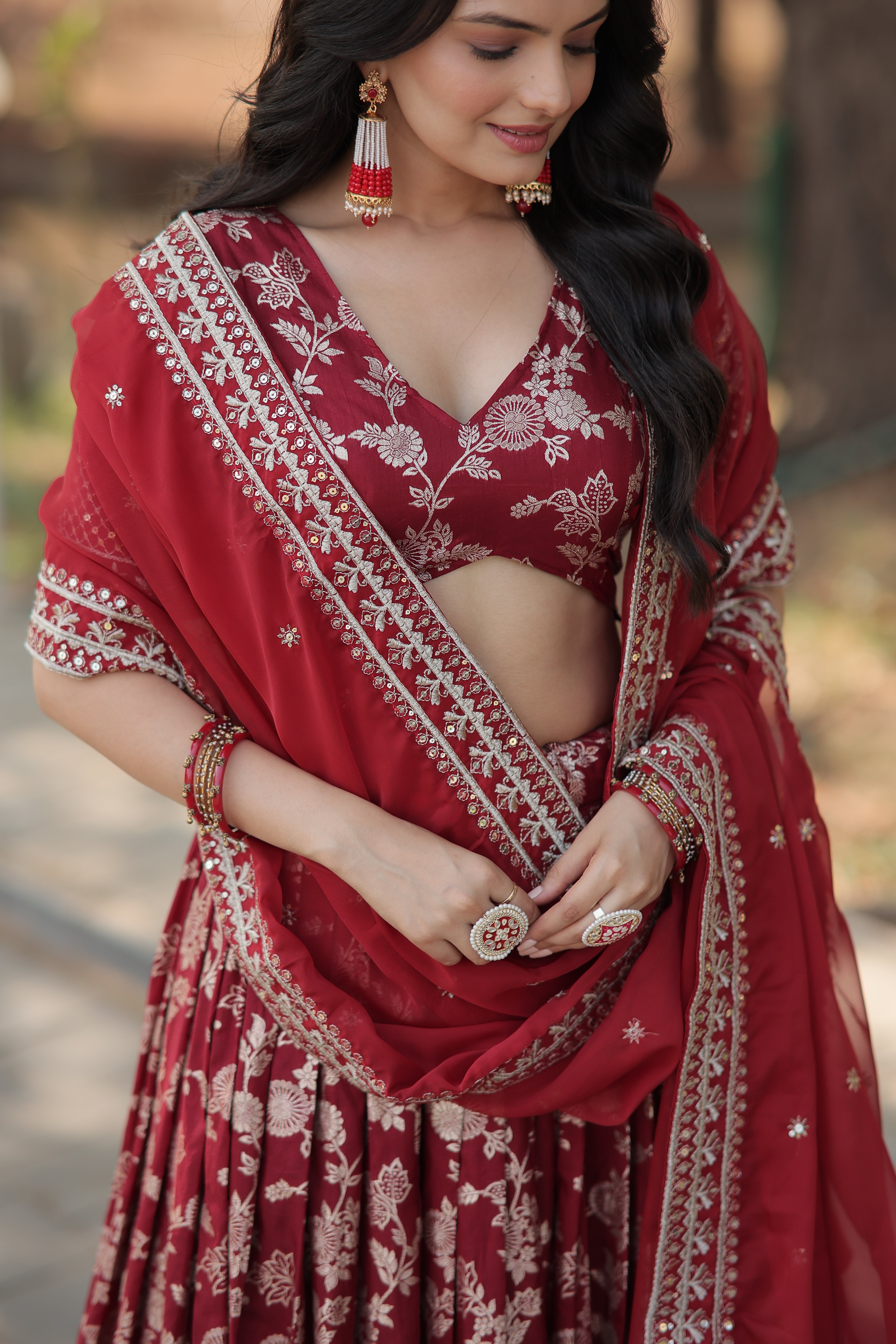 Premium Embroidered Viscose Jacquard Maroon Lehenga Set with Russian Silk Dupatta | Full-Stitched Lehenga + Unstitched Blouse