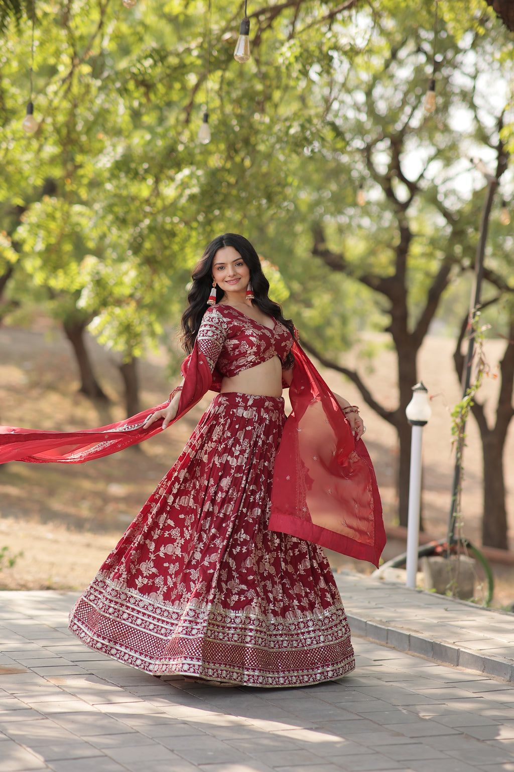 Premium Embroidered Viscose Jacquard Maroon Lehenga Set with Russian Silk Dupatta | Full-Stitched Lehenga + Unstitched Blouse