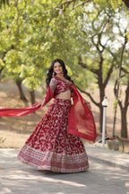 Premium Embroidered Viscose Jacquard Maroon Lehenga Set with Russian Silk Dupatta | Full-Stitched Lehenga + Unstitched Blouse