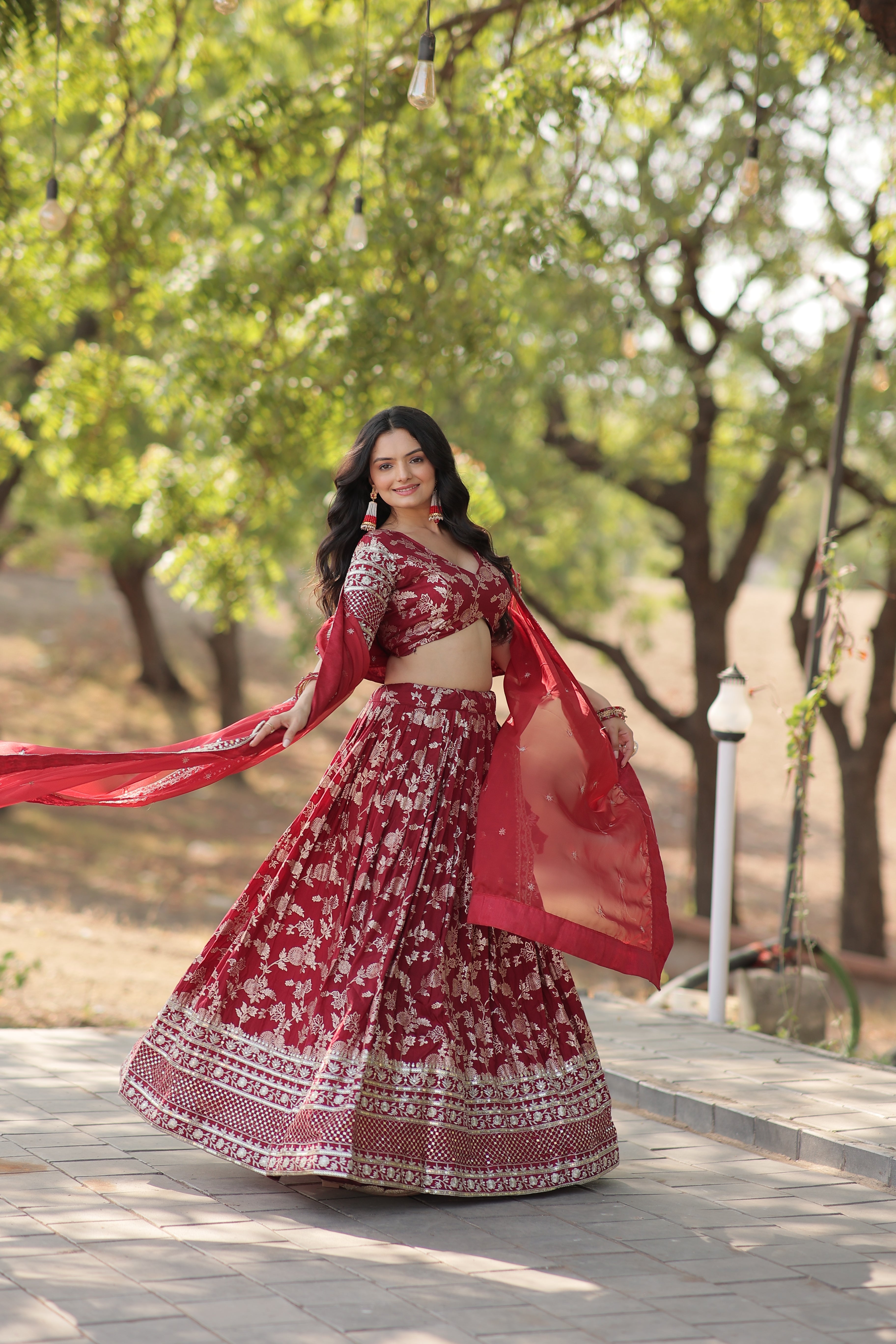 Premium Embroidered Viscose Jacquard Maroon Lehenga Set with Russian Silk Dupatta | Full-Stitched Lehenga + Unstitched Blouse
