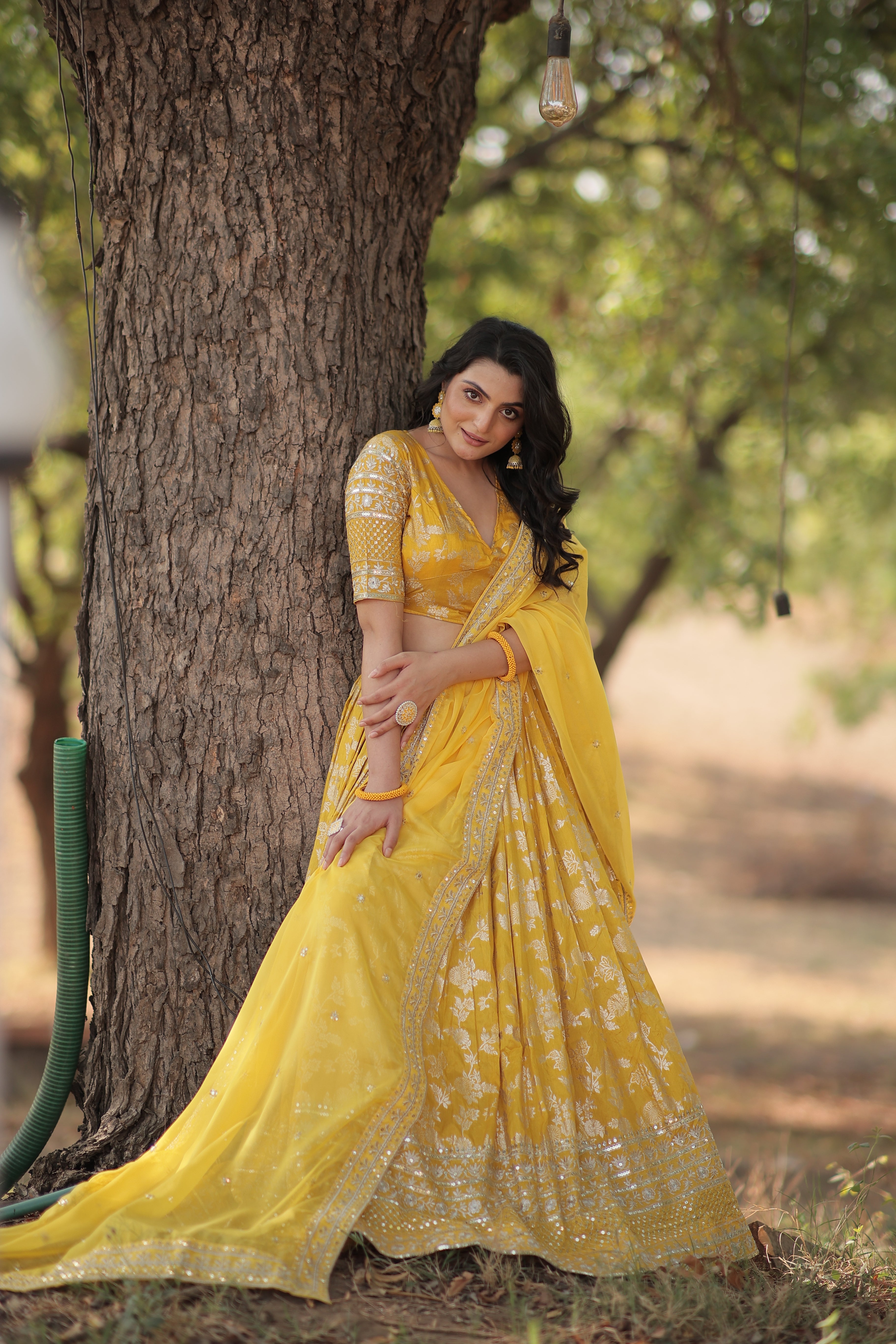 Premium Embroidered Viscose Jacquard Yellow Lehenga Set with Russian Silk Dupatta | Full-Stitched Lehenga + Unstitched Blouse