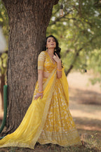 Premium Embroidered Viscose Jacquard Yellow Lehenga Set with Russian Silk Dupatta | Full-Stitched Lehenga + Unstitched Blouse