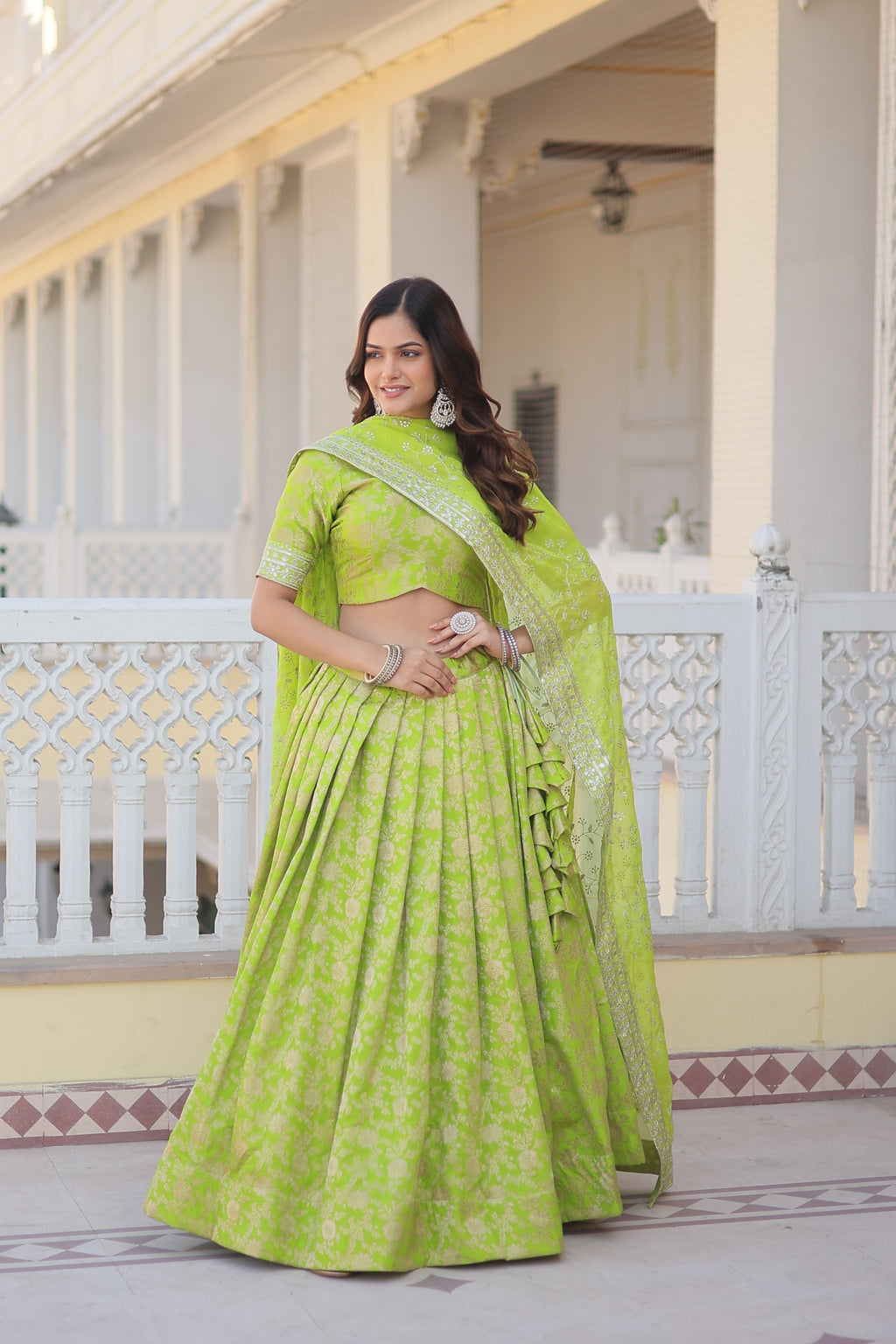 Elegant Viscose Jacquard Perrot  Lehenga Set with Sequins Work & Russian Silk Dupatta | Full-Stitched