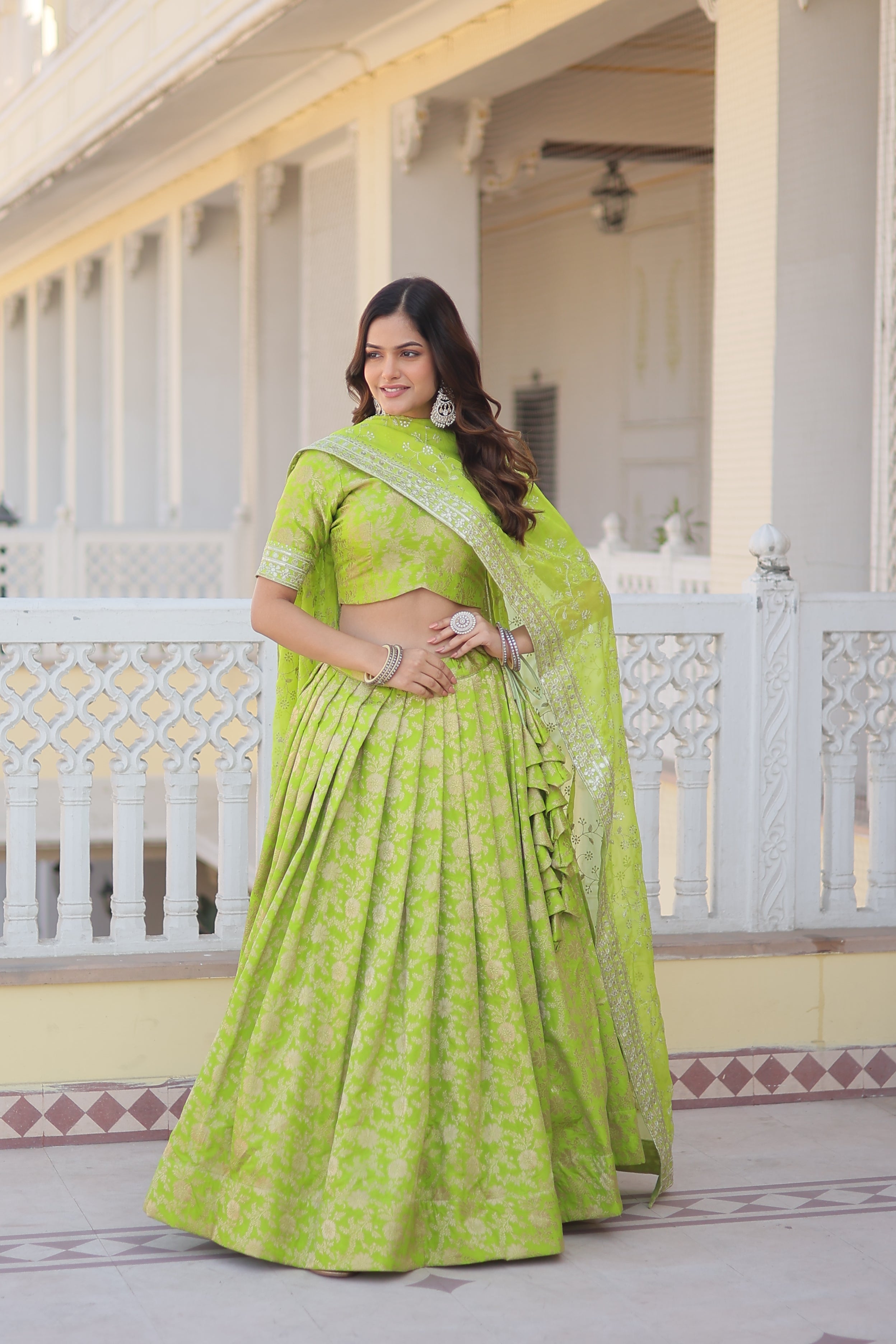 Elegant Viscose Jacquard Perrot  Lehenga Set with Sequins Work & Russian Silk Dupatta | Full-Stitched