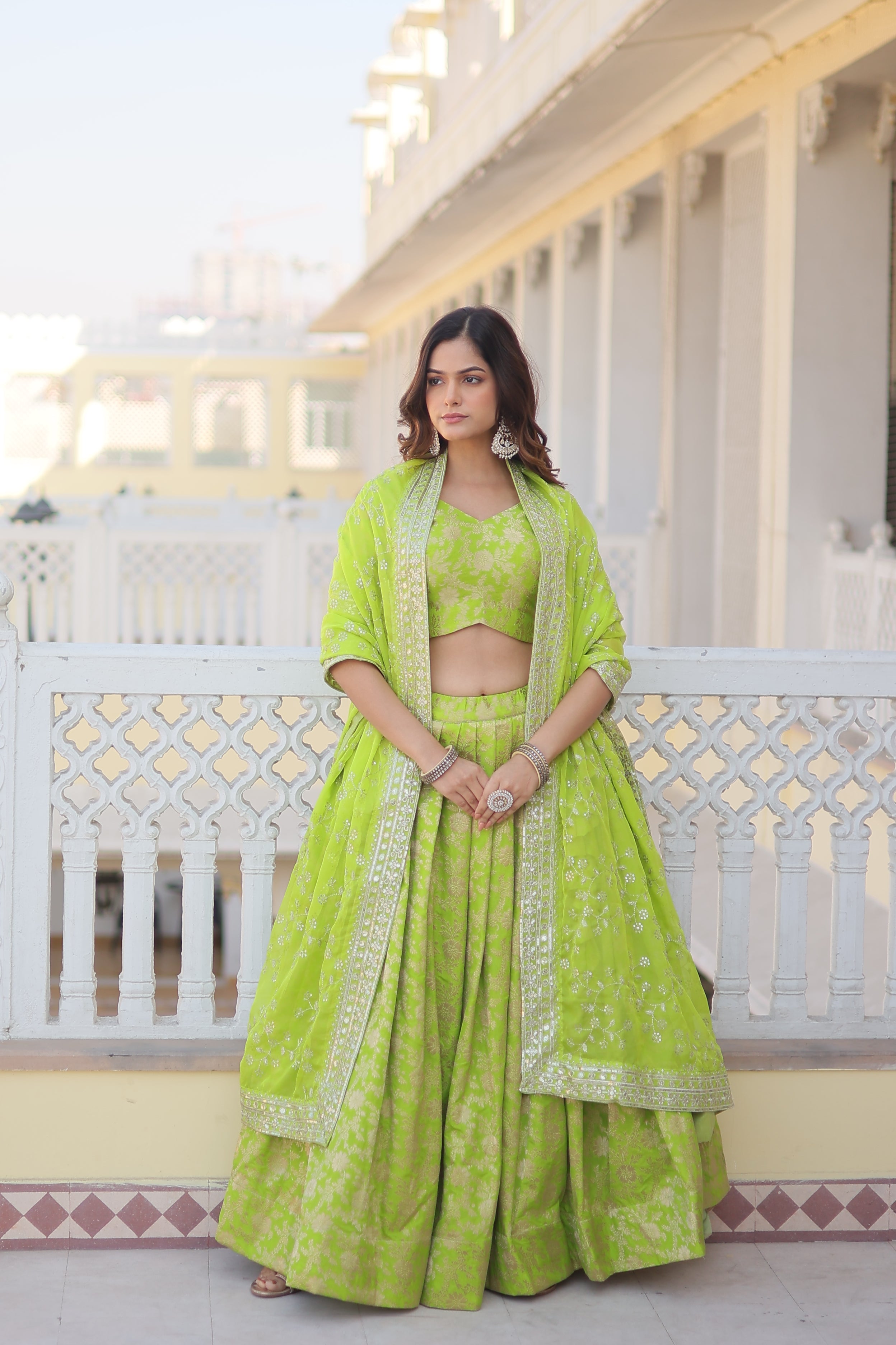 Elegant Viscose Jacquard Perrot  Lehenga Set with Sequins Work & Russian Silk Dupatta | Full-Stitched