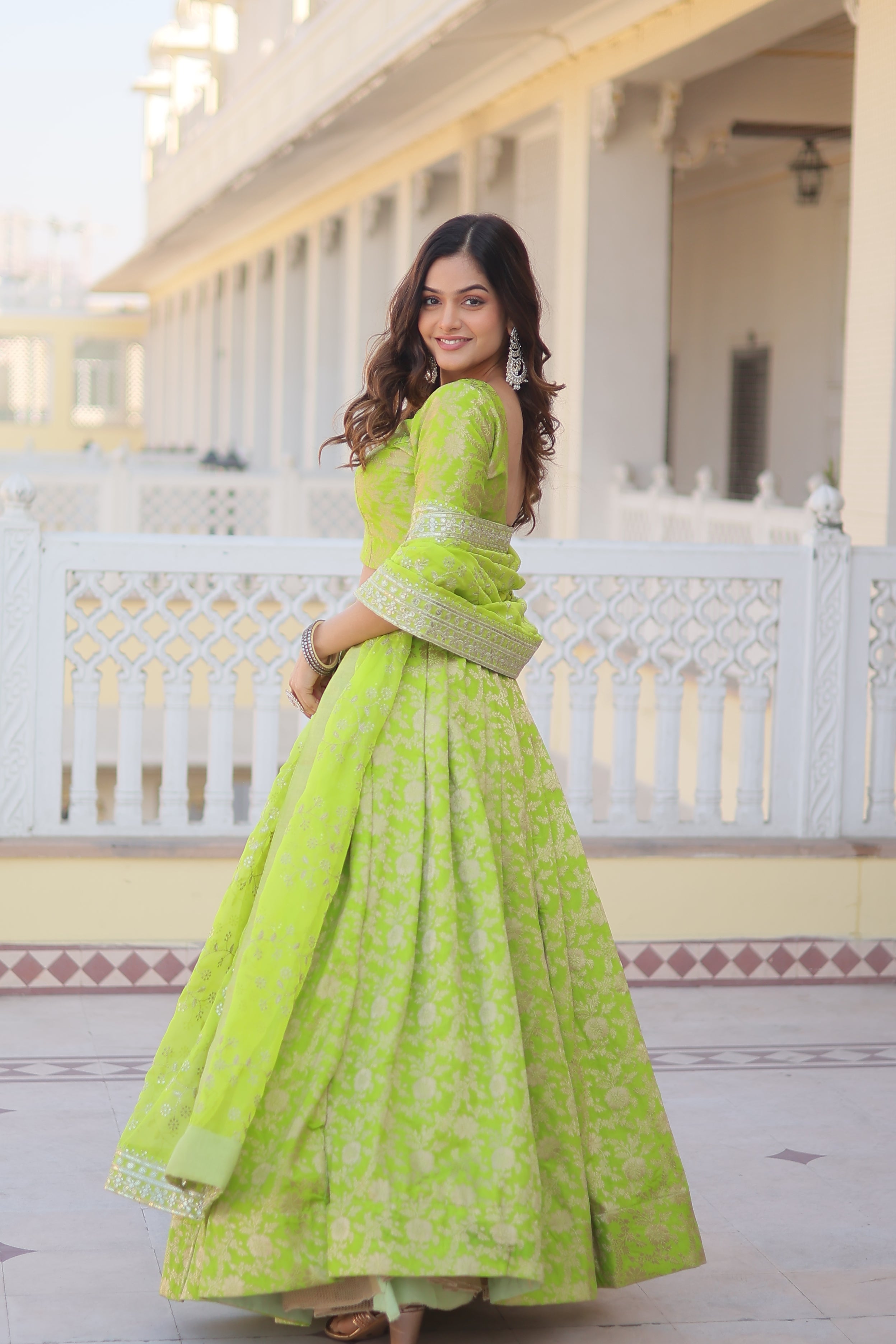 Elegant Viscose Jacquard Perrot  Lehenga Set with Sequins Work & Russian Silk Dupatta | Full-Stitched